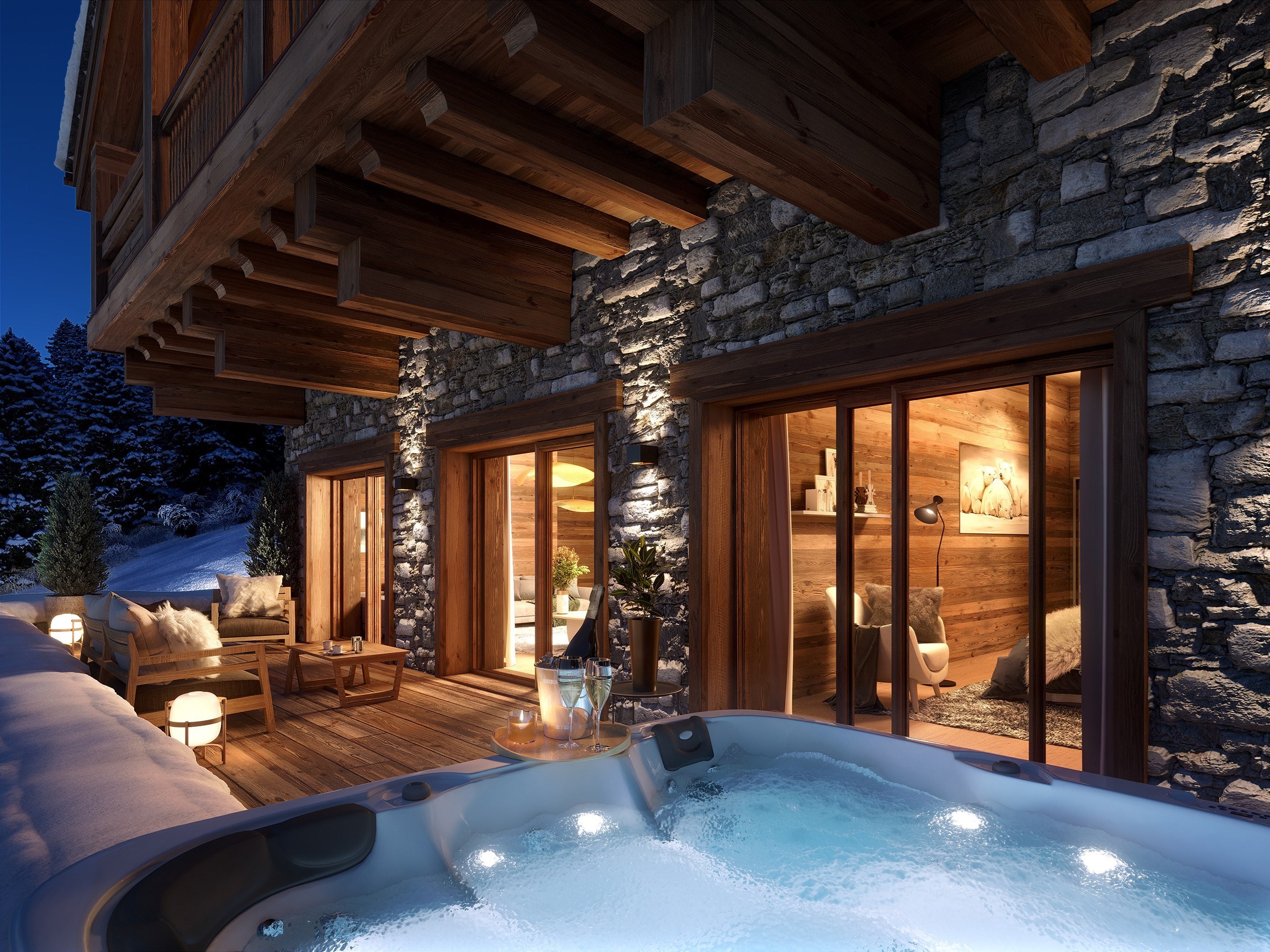 Rendu 3d d'une terrasse avec son jacuzzi, d'un appartement d'exeption à Méribel