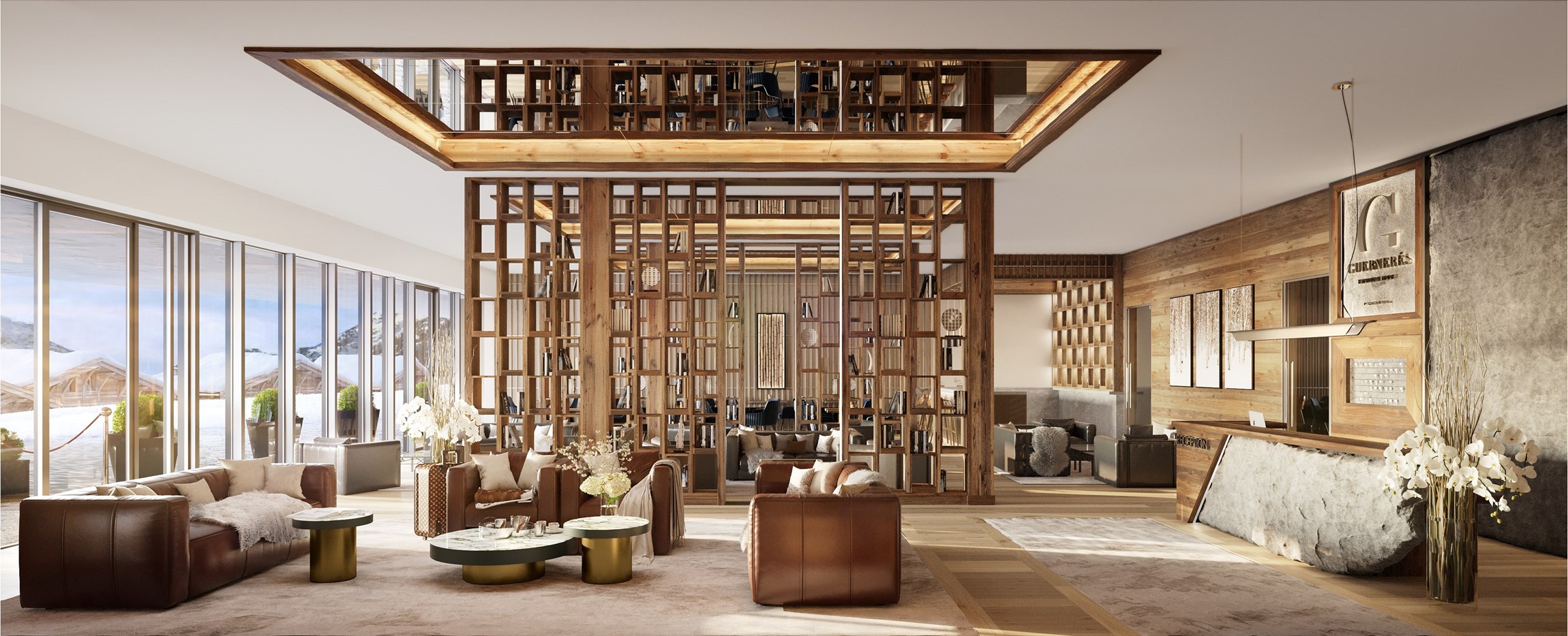 Rendu 3D architectural de l'accueil et de l'espace lounge d'un hôtel de prestige