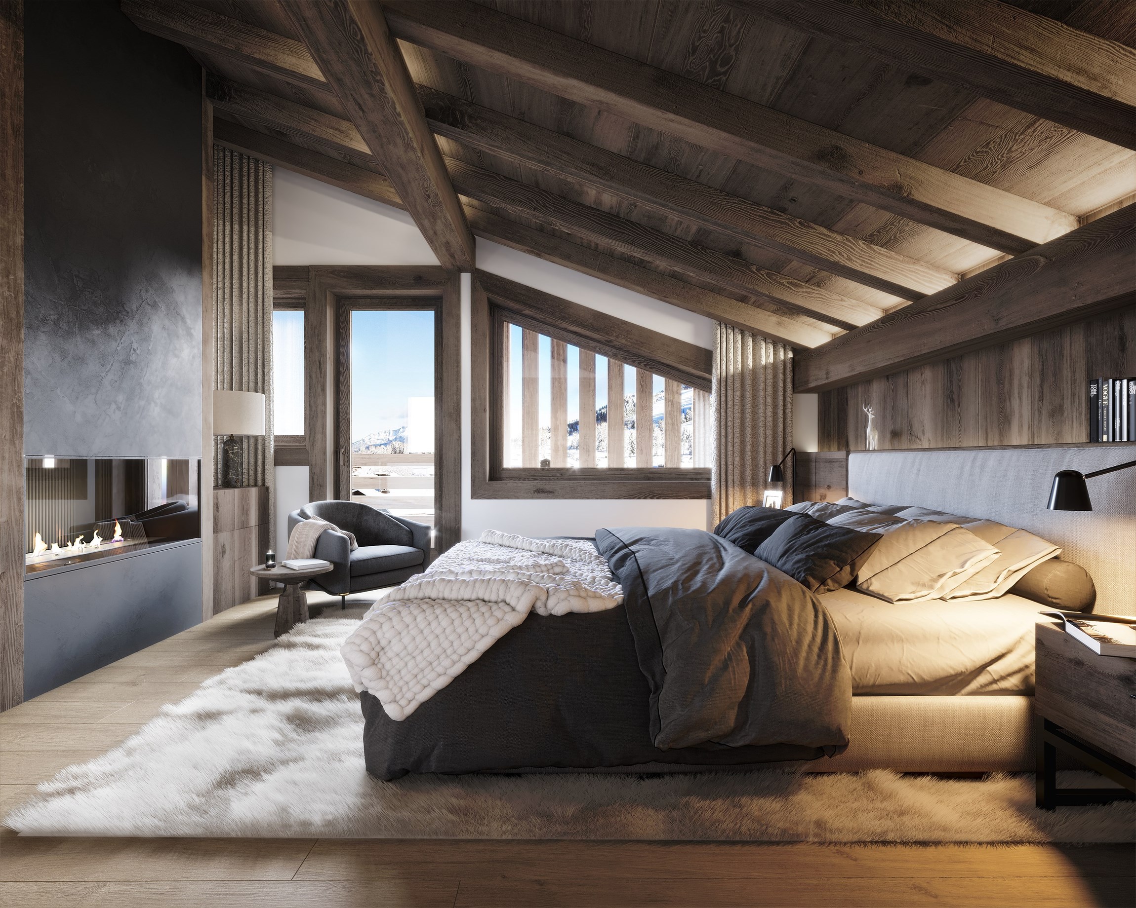 Rendu 3d photoréaliste d'une chambre master d'un chalet de luxe au Mont d'Arbois