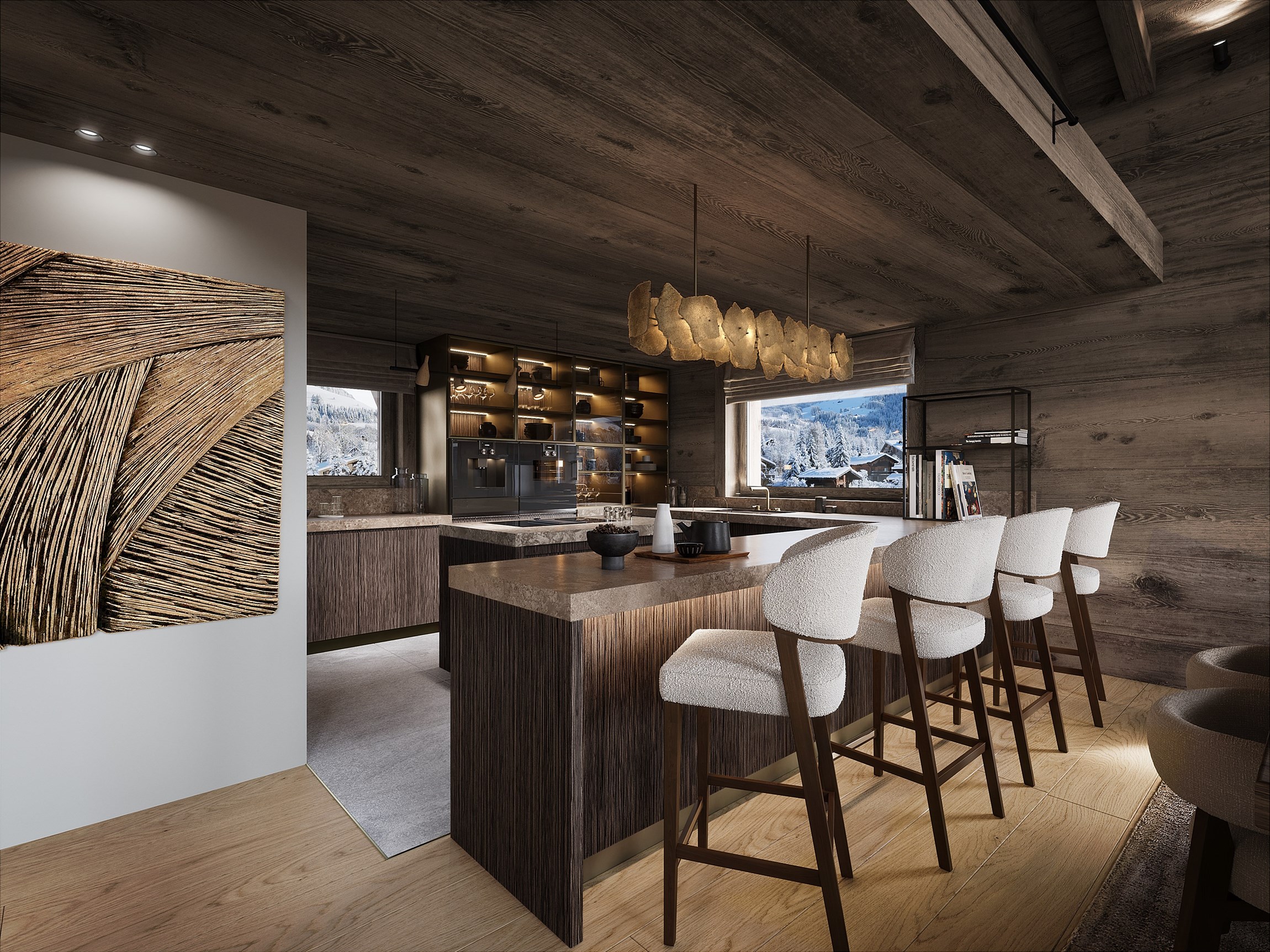 Rendu 3d photoréaliste de la cuisine ouverte d'un chalet de luxe au cœur du Mont d'Arbois