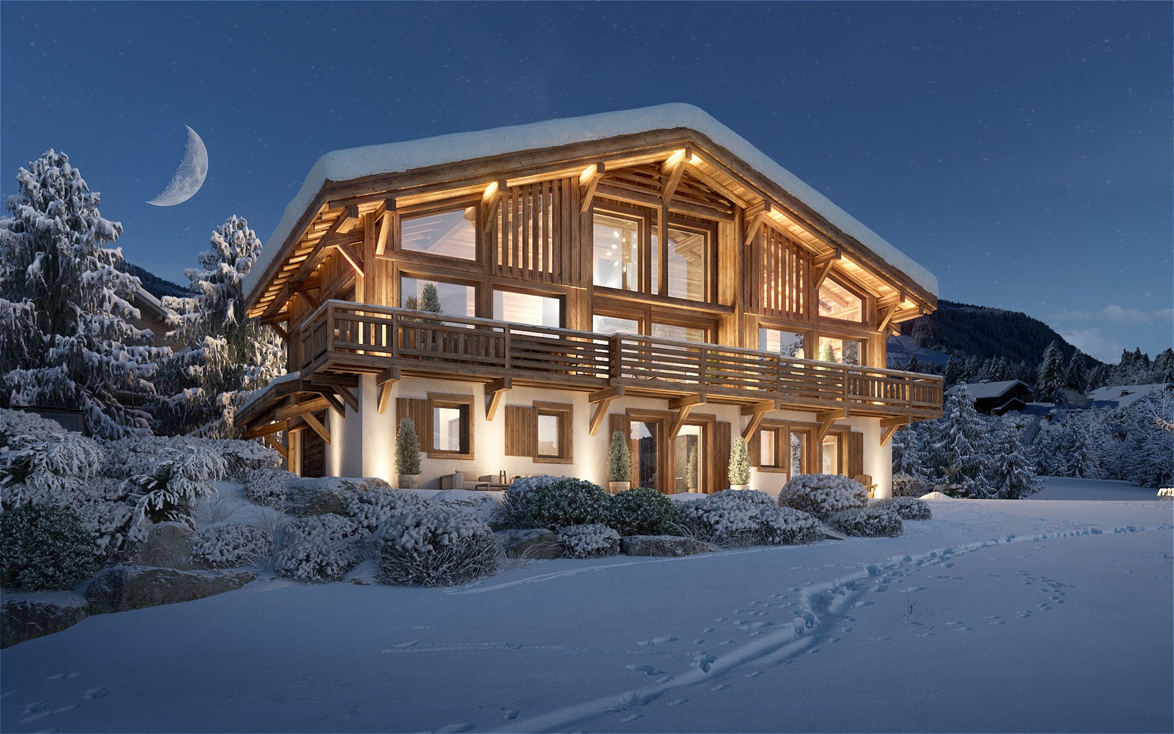 Rendu 3d photoréaliste de l'extérieur, de nuit et d'hiver, d'un chalet de luxe au Mont d'Arbois