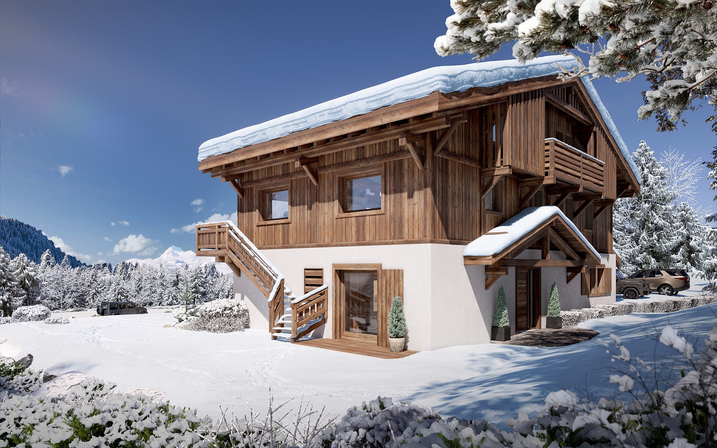 Rendu 3d photoréaliste de l'extérieur, de jour et d'hiver, d'un chalet de luxe au Mont d'Arbois