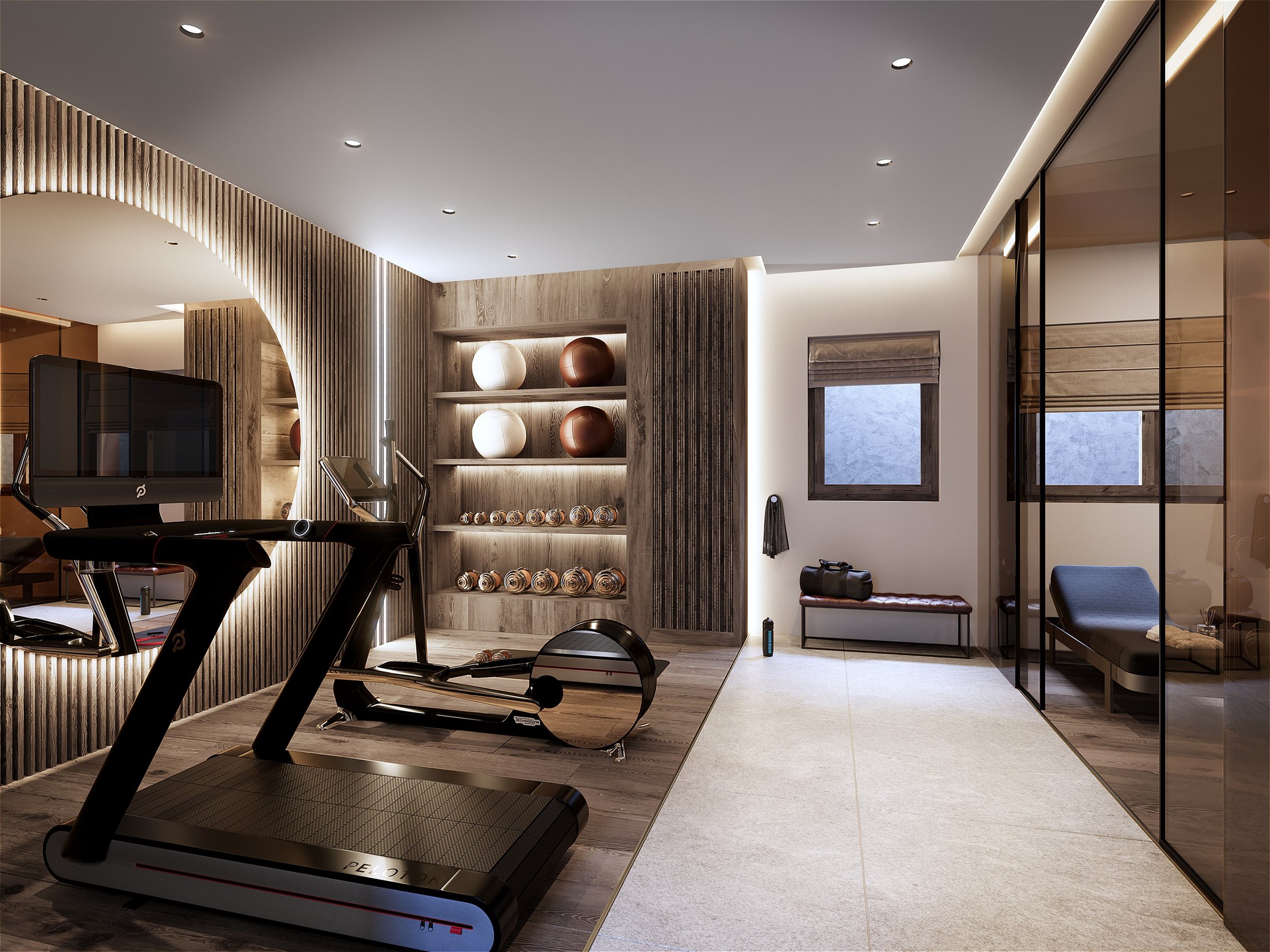 Rendu 3d photoréaliste d'une salle de sport - fitness master d'un chalet de luxe au Mont d'Arbois