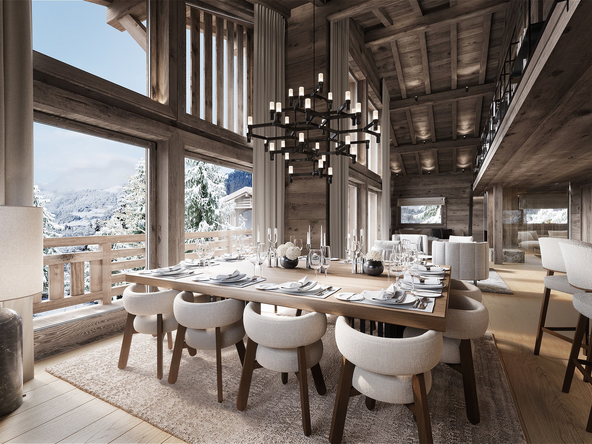 Rendu 3d photoréaliste de la salle à manger en bois foncé d'un chalet de luxe au cœur du Mont d'Arbois