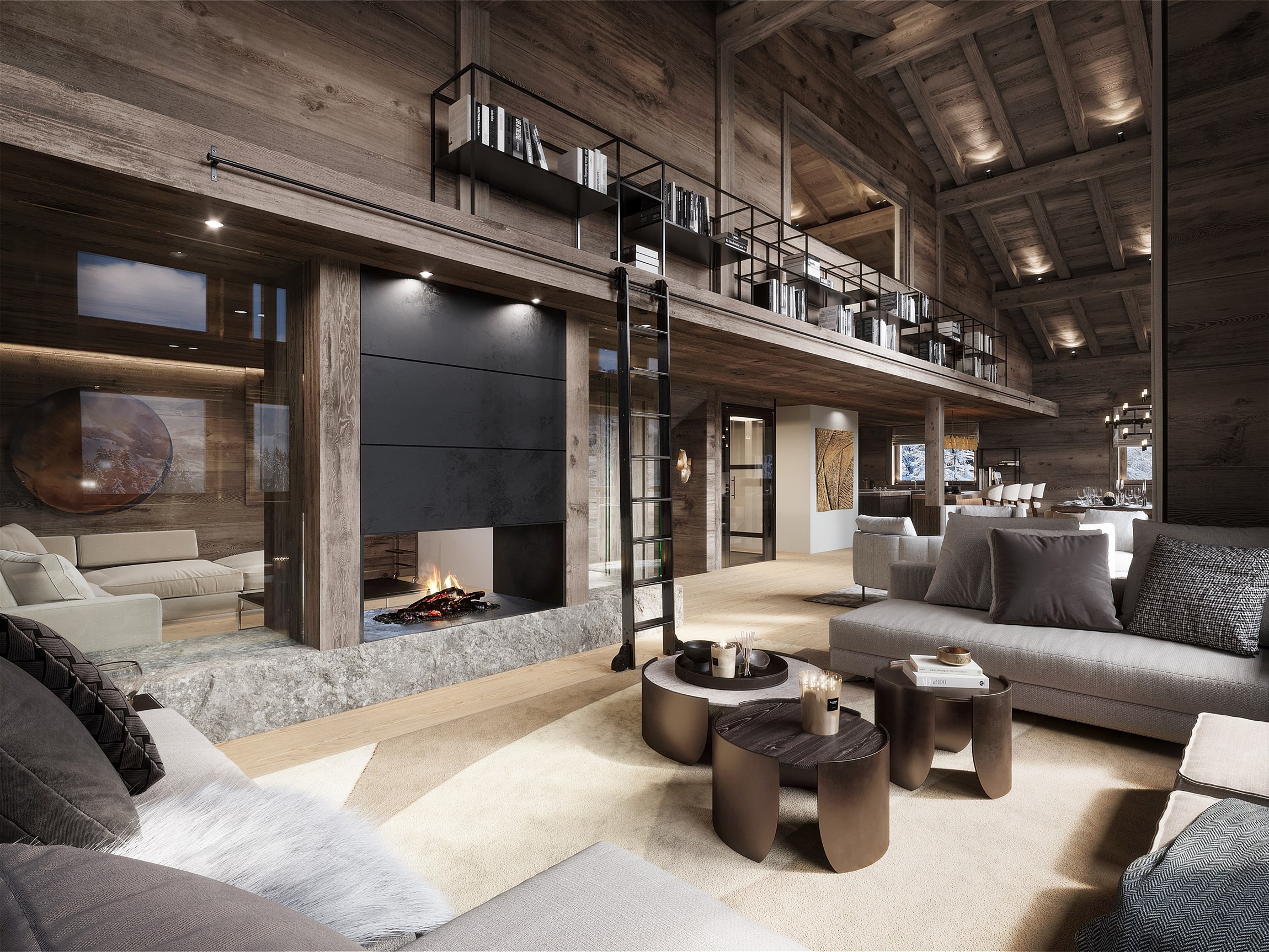 Rendu 3d photoréaliste du salon en bois foncé d'un chalet de luxe au cœur du Mont d'Arbois