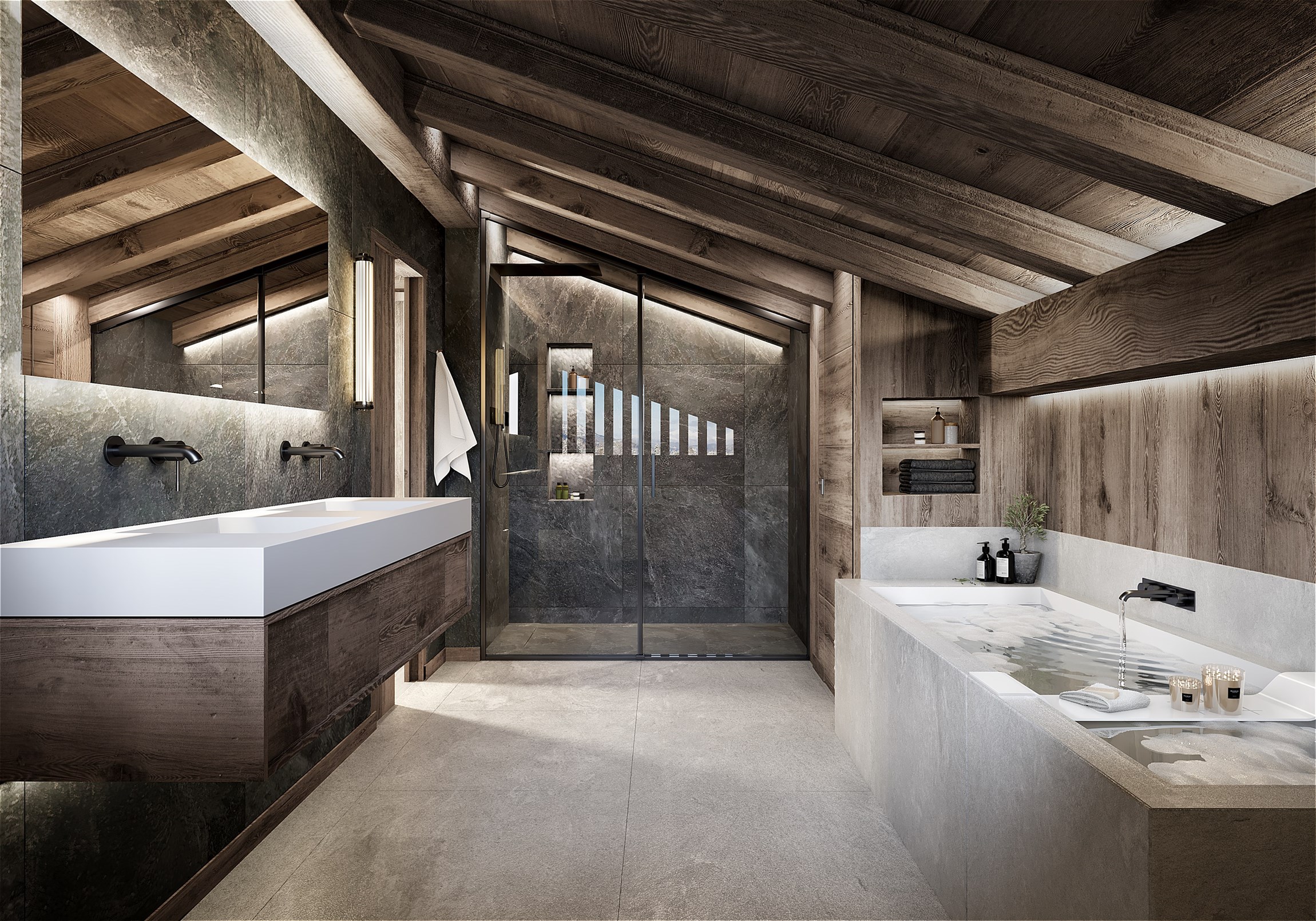 Rendu 3d photoréaliste d'une salle de bain master d'un chalet de luxe au Mont d'Arbois