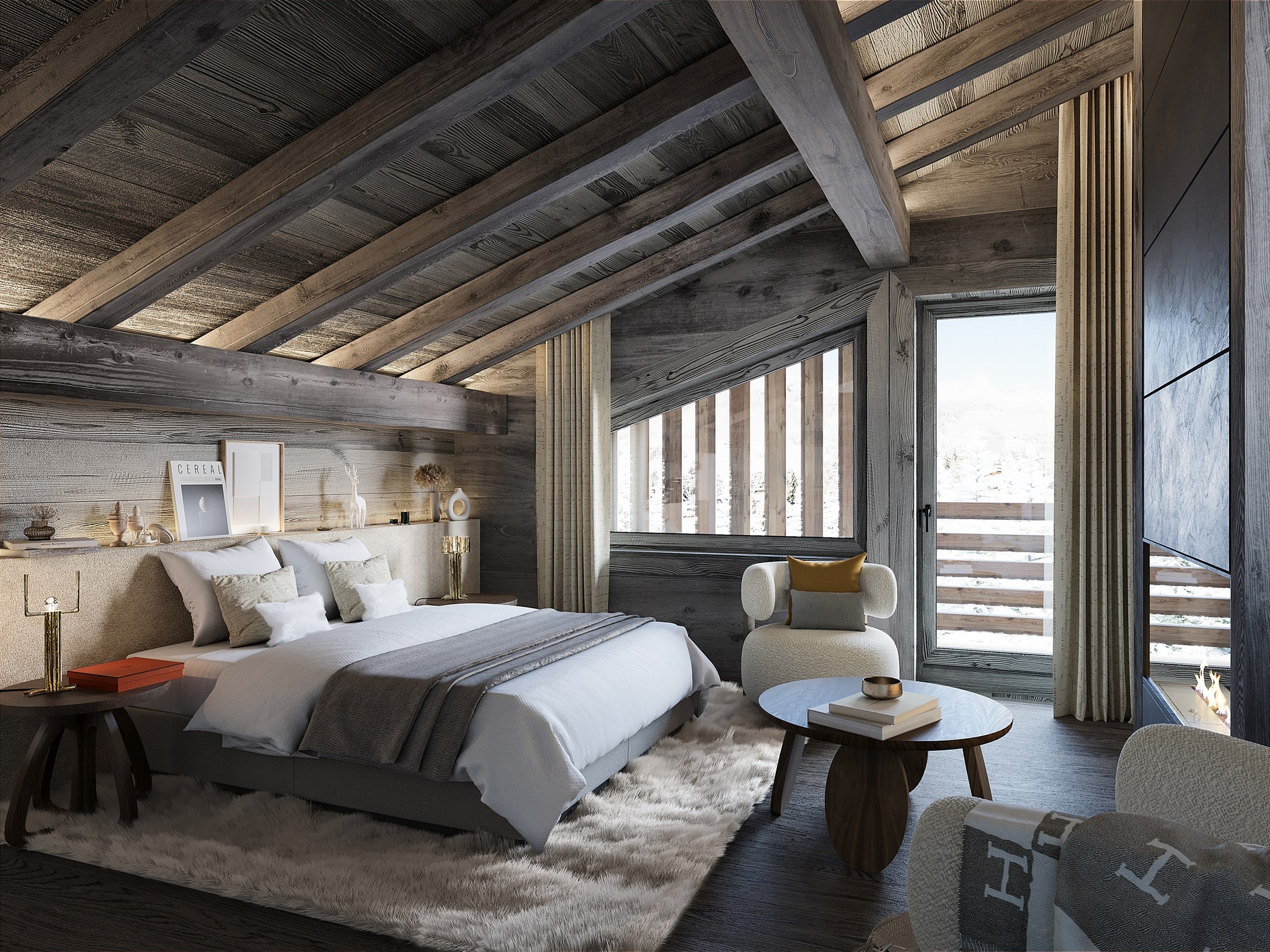Perspective 3D photoréaliste de la chambre master d'un chalet individuel de luxe au Mont d'Arbois