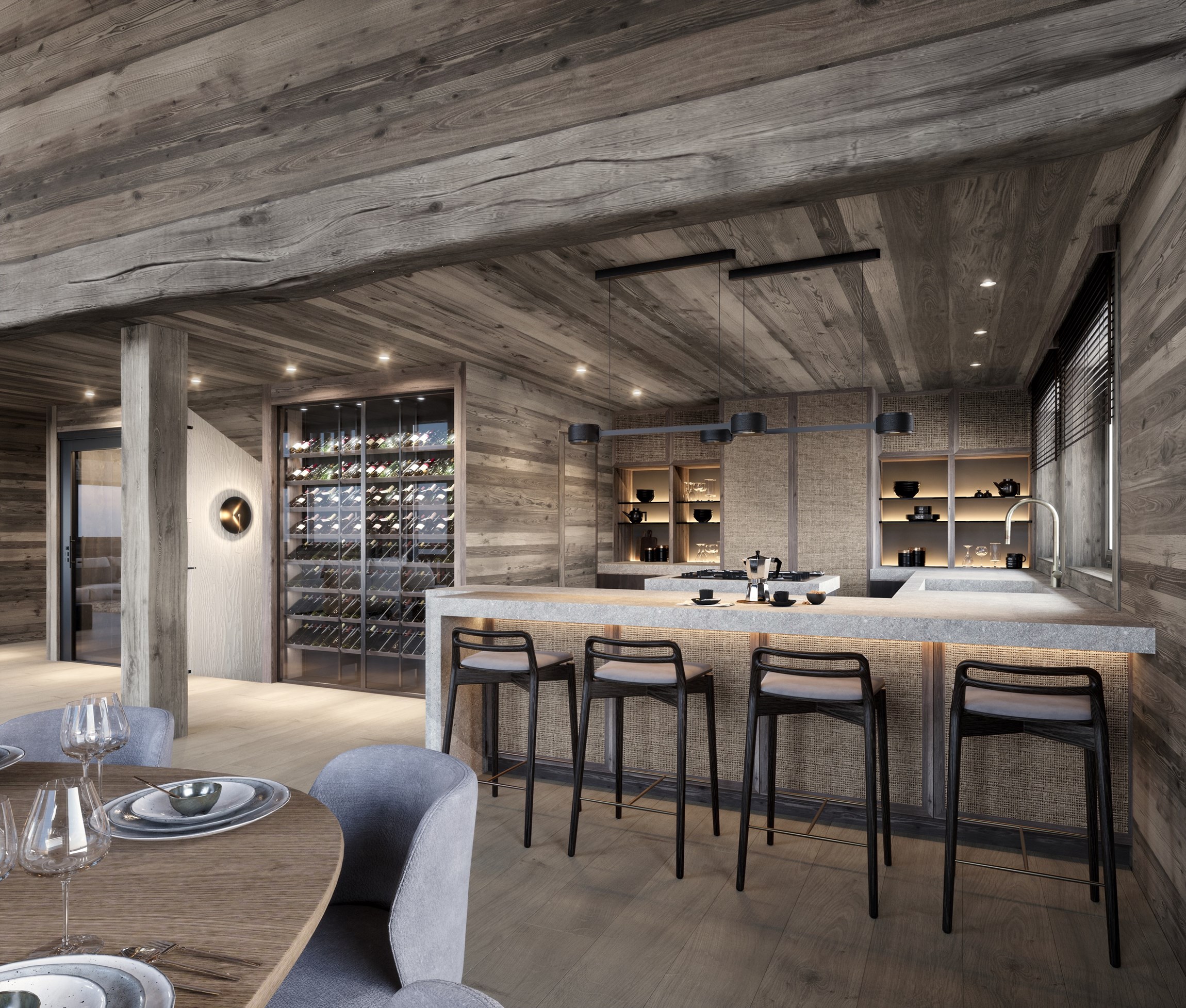 Perspective 3D photoréaliste d'une cuisine avec cave à vin d'un chalet individuel de luxe au Mont d'Arbois