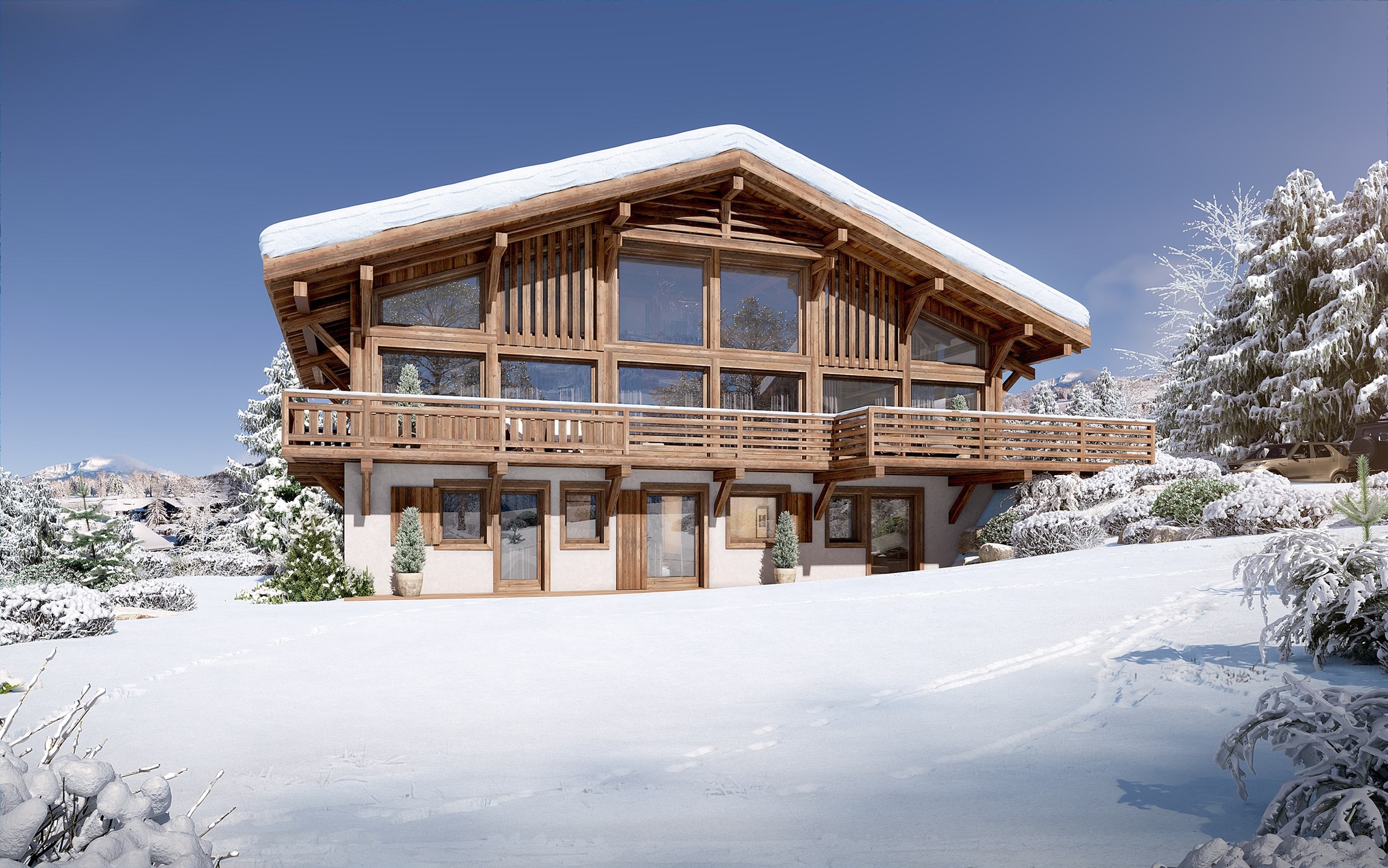 Perspective 3D photoréaliste de l'extérieur enneigé, en journée, d'un chalet individuel de luxe au Mont d'Arbois