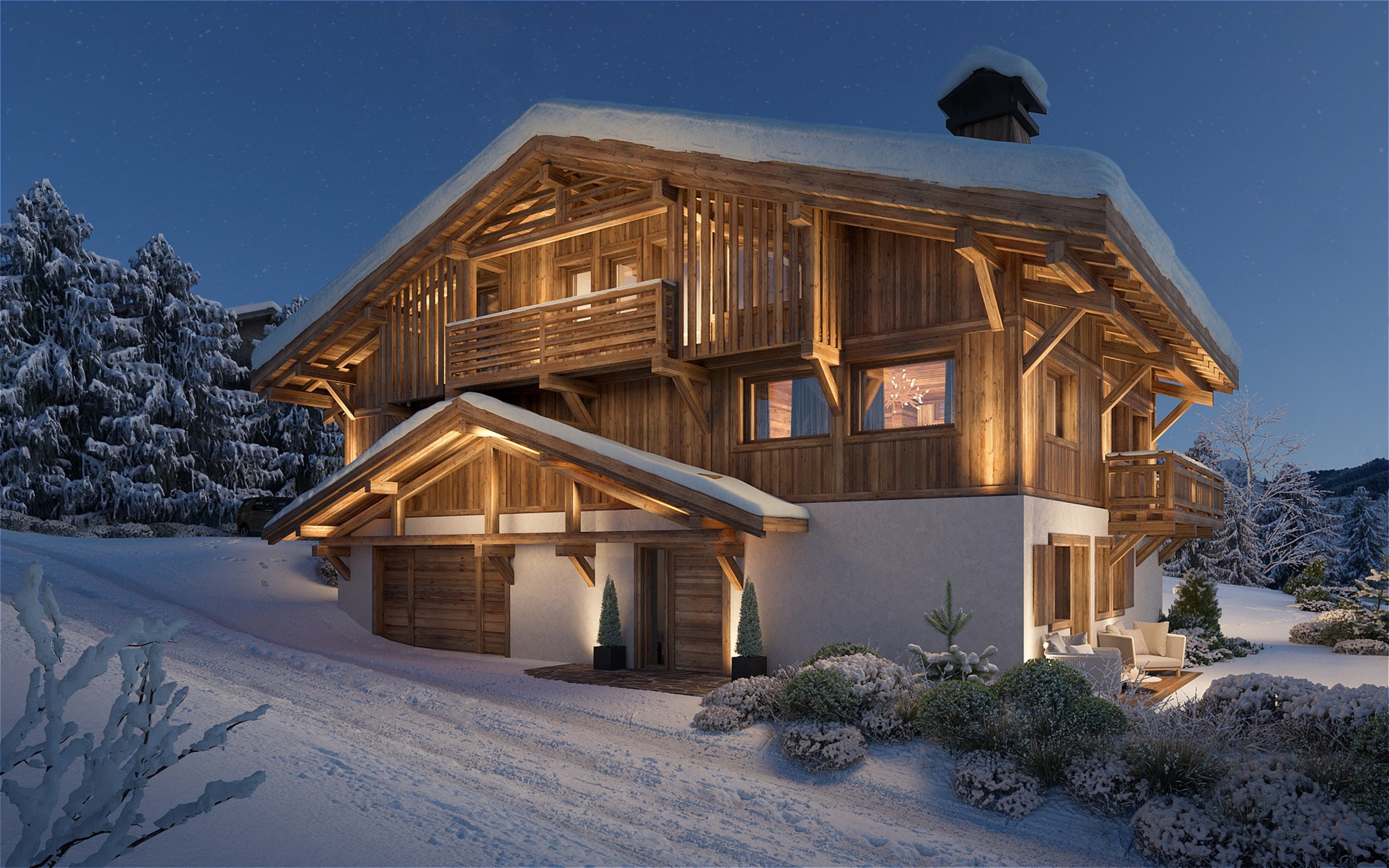 Perspective 3D photoréaliste de l'extérieur enneigé, en fin de journée, d'un chalet individuel de luxe au Mont d'Arbois