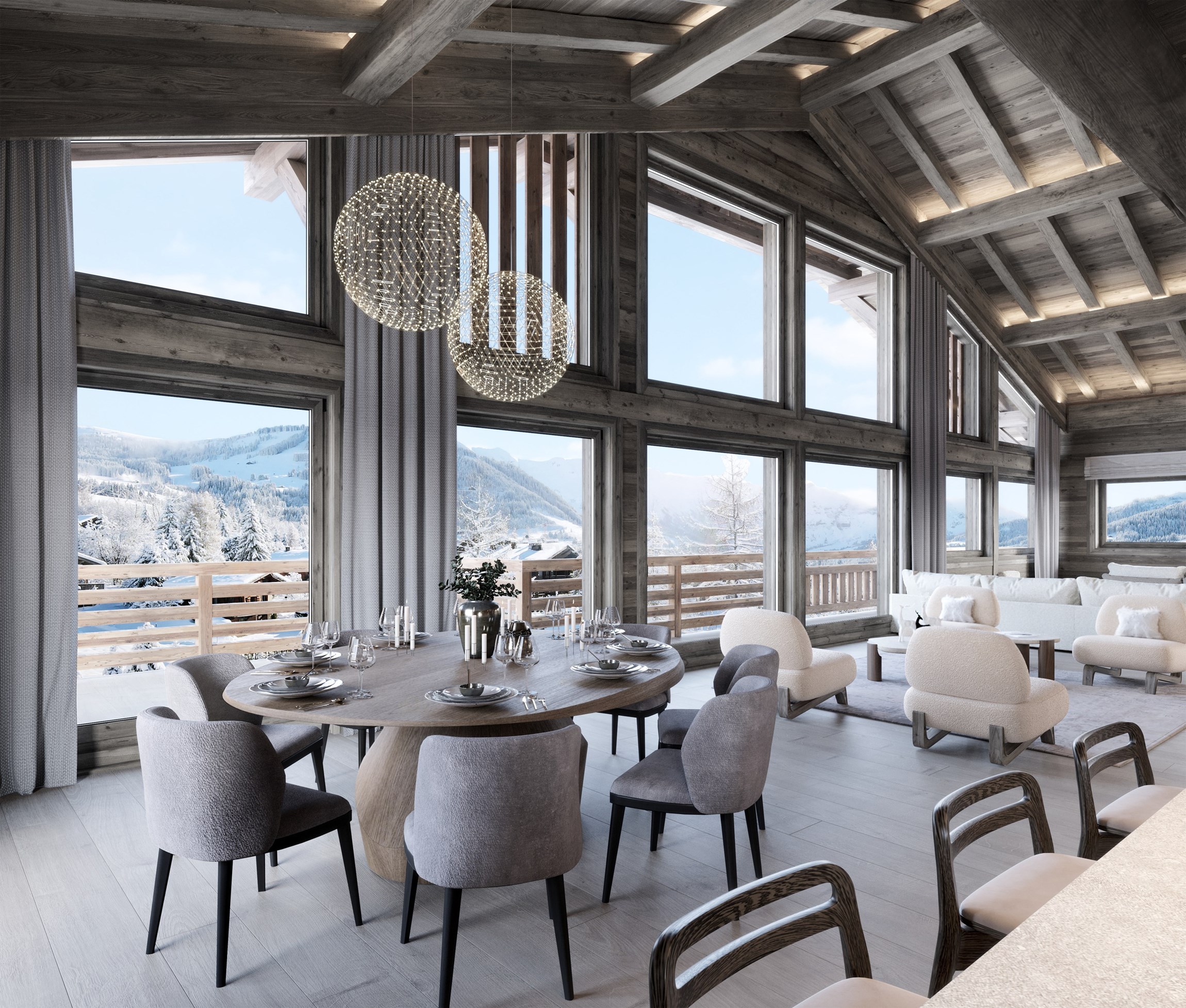 Perspective 3D photoréaliste de la salle à manger d'un chalet individuel de luxe au Mont d'Arbois