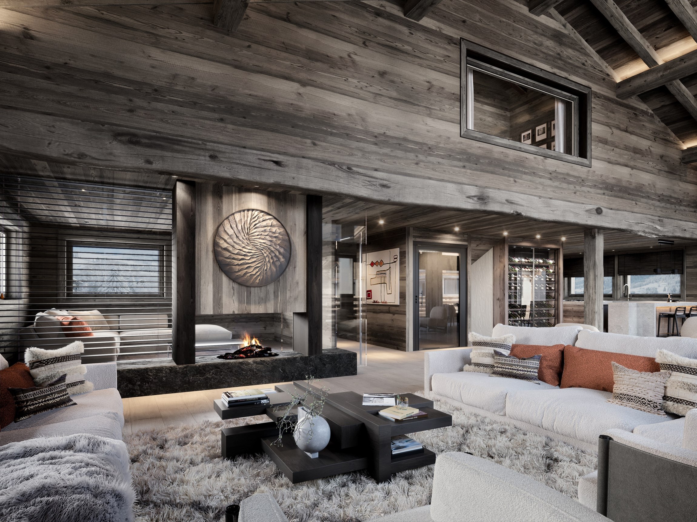Perspective 3D photoréaliste du salon avec sa cheminée d'un chalet individuel de luxe au Mont d'Arbois