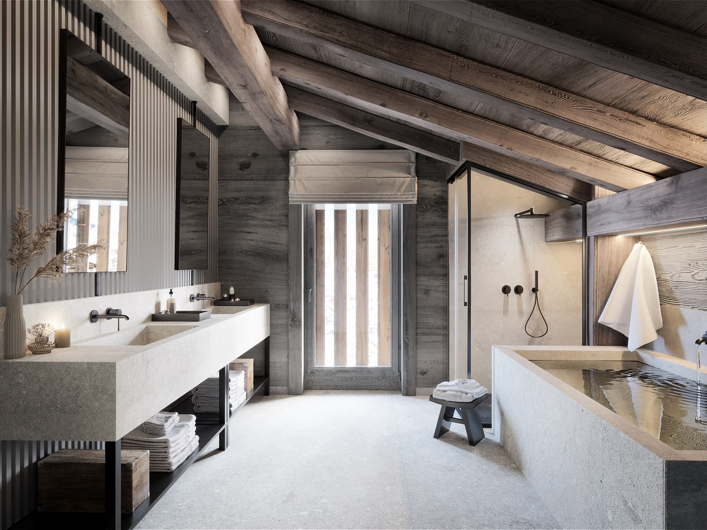 Perspective 3D photoréaliste de la salle de bain master d'un chalet individuel de luxe au Mont d'Arbois