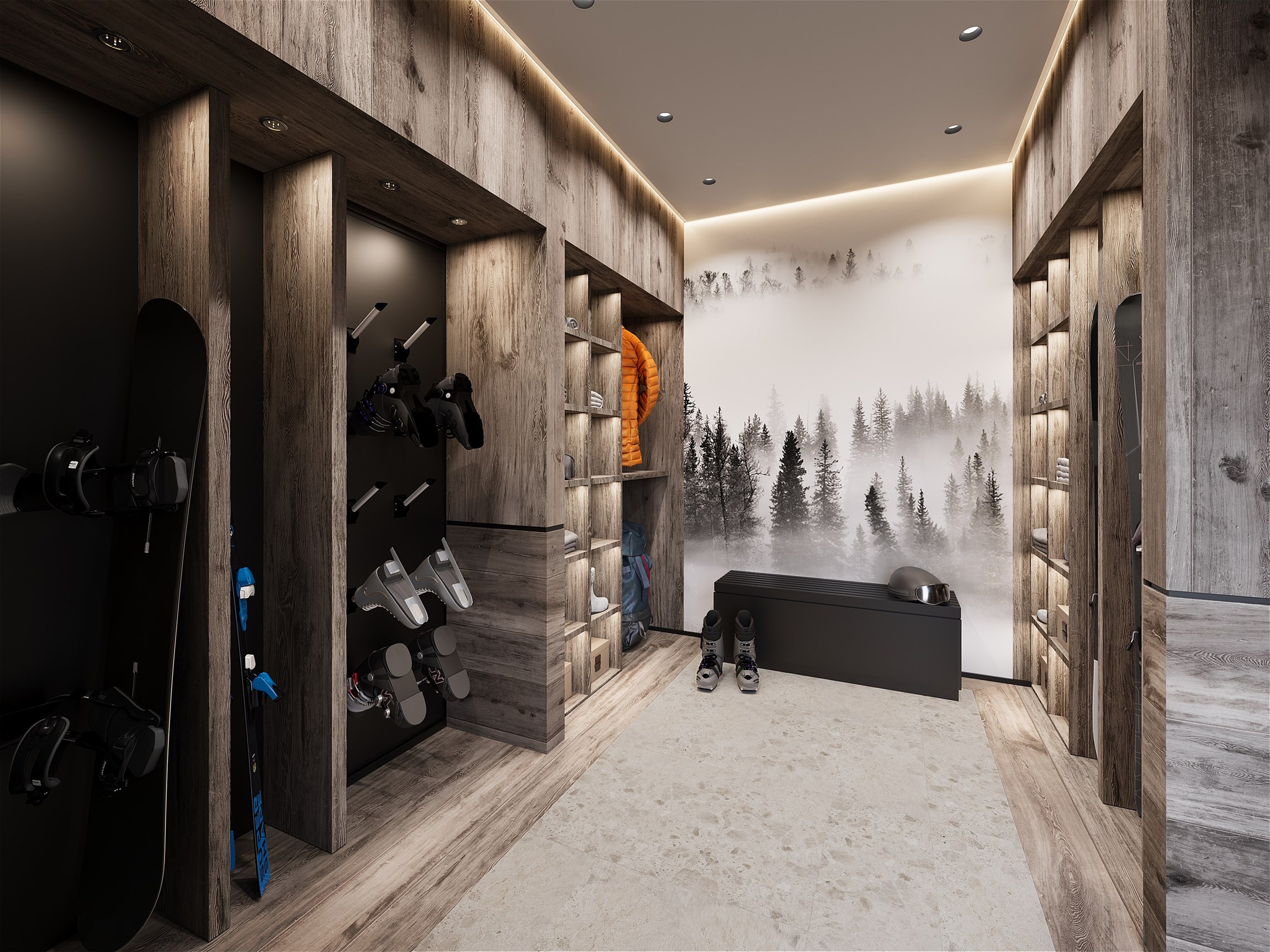 Perspective 3D photoréaliste du skiroom d'un chalet individuel de luxe au Mont d'Arbois