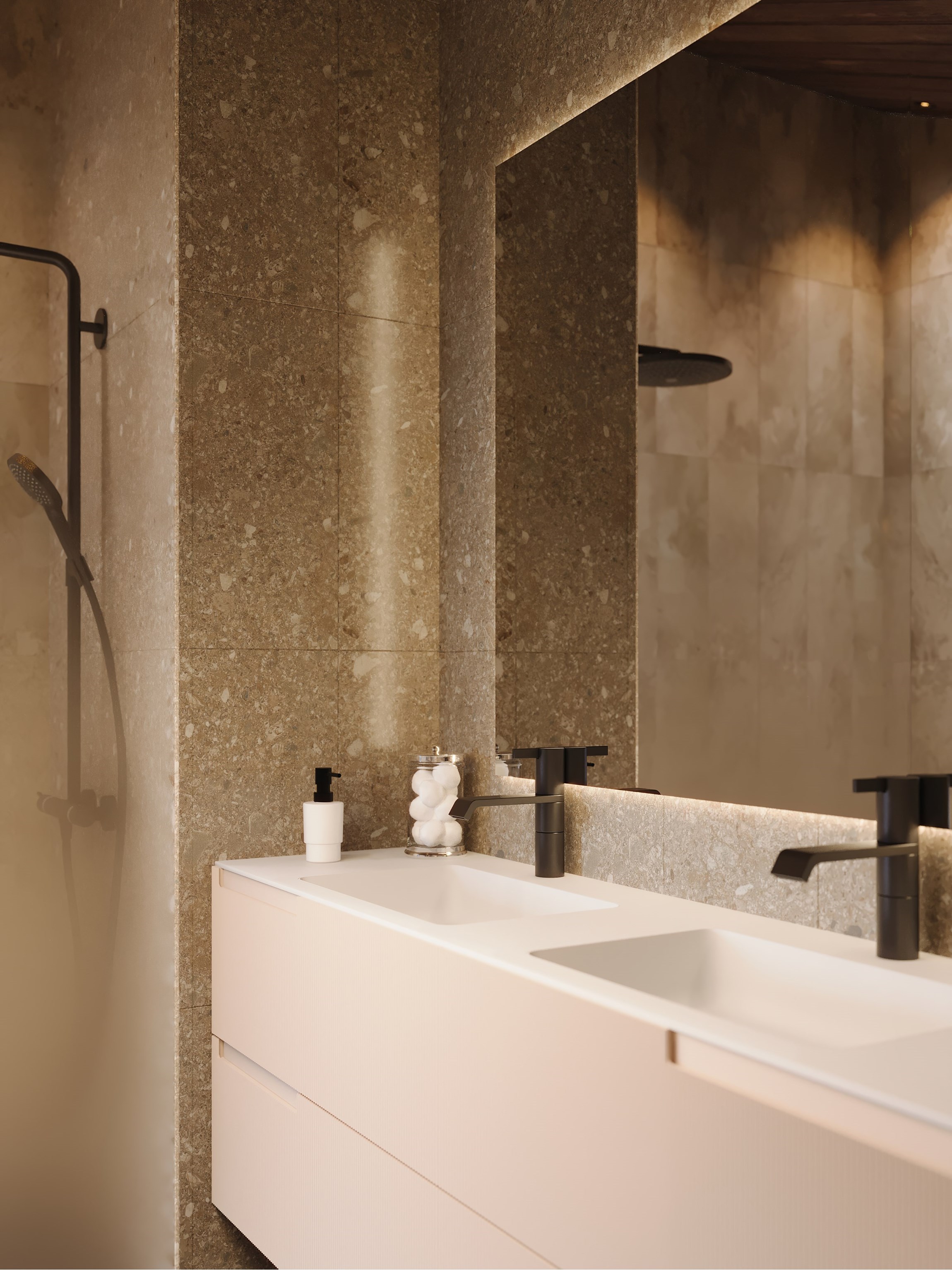 Close-up 3d d'une salle de bain de la résidence Sinaya, à Samoëns