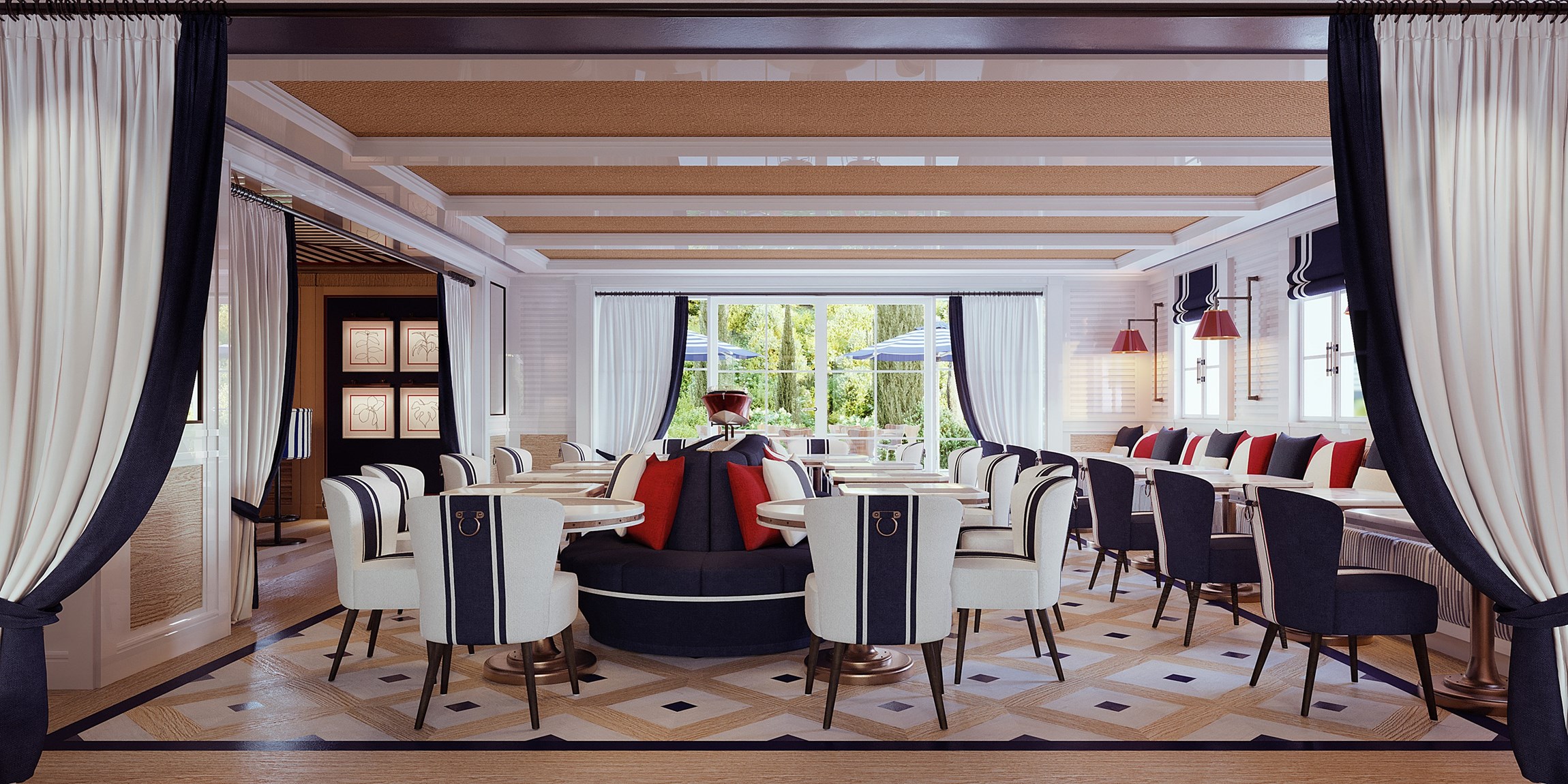 Rendu 3D du restaurant d'un hôtel de luxe à Saint-Tropez 