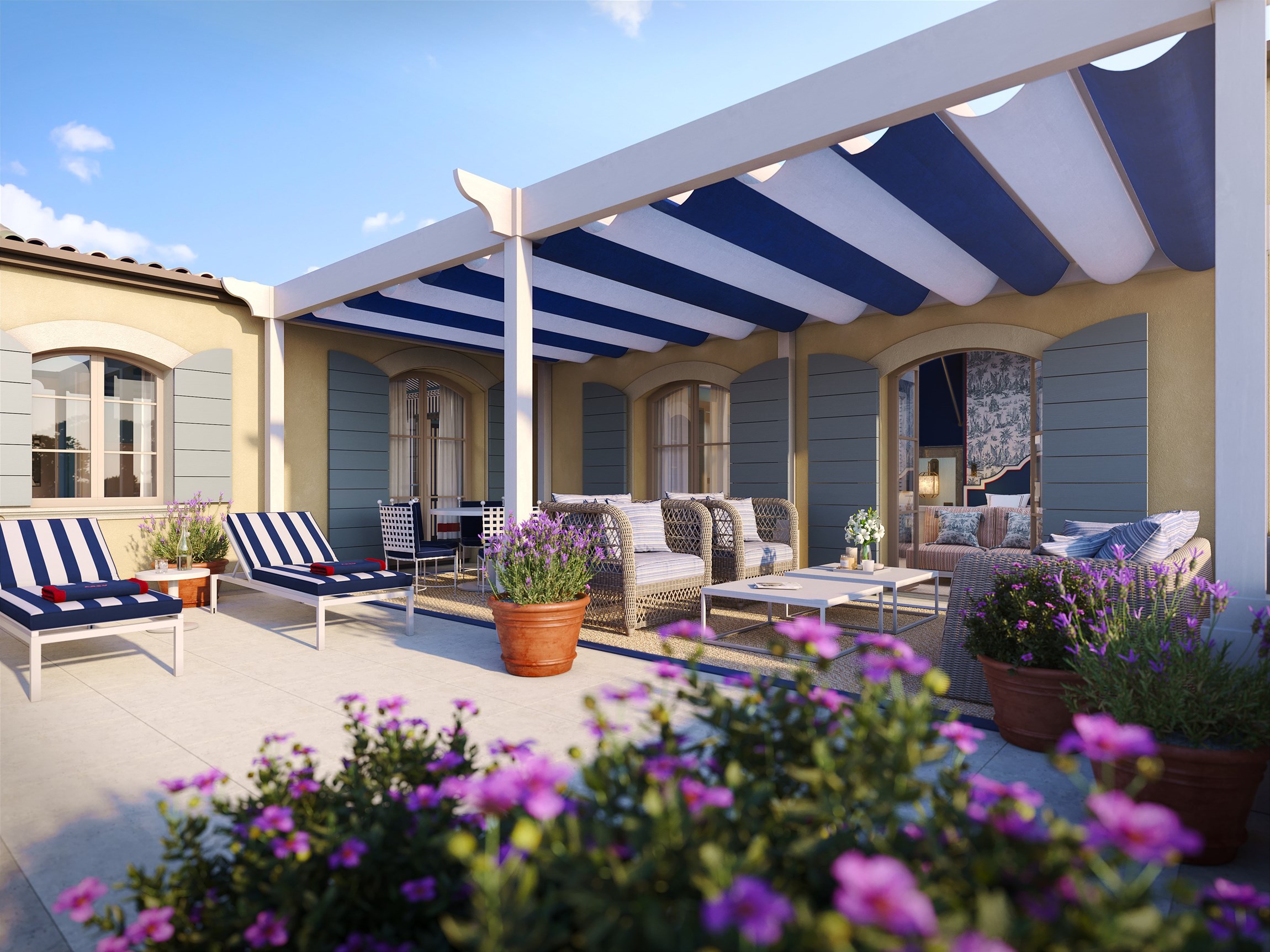 Rendu 3D de la terrasse privée d'une suite d'un hôtel de luxe à Saint-Tropez 