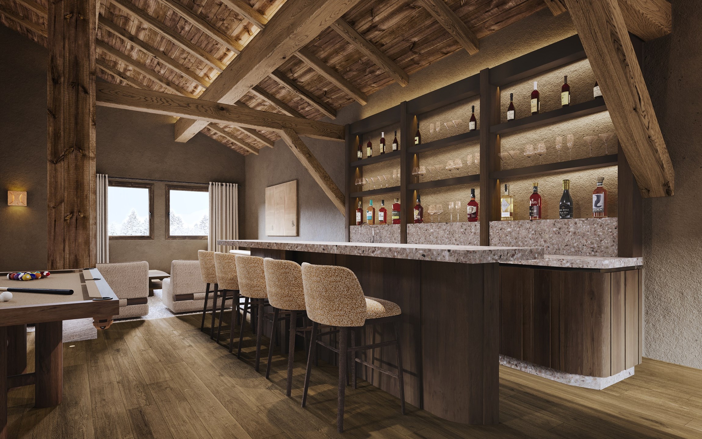 Rendu 3D photoréaliste du bar de la Ferme du Planellet au Mont d’Arbois