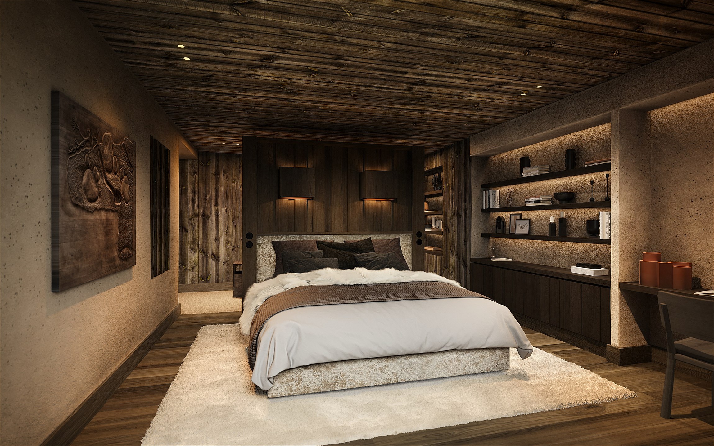 Rendu 3D photoréaliste de la chambre master 2 de la Ferme du Planellet au Mont d’Arbois
