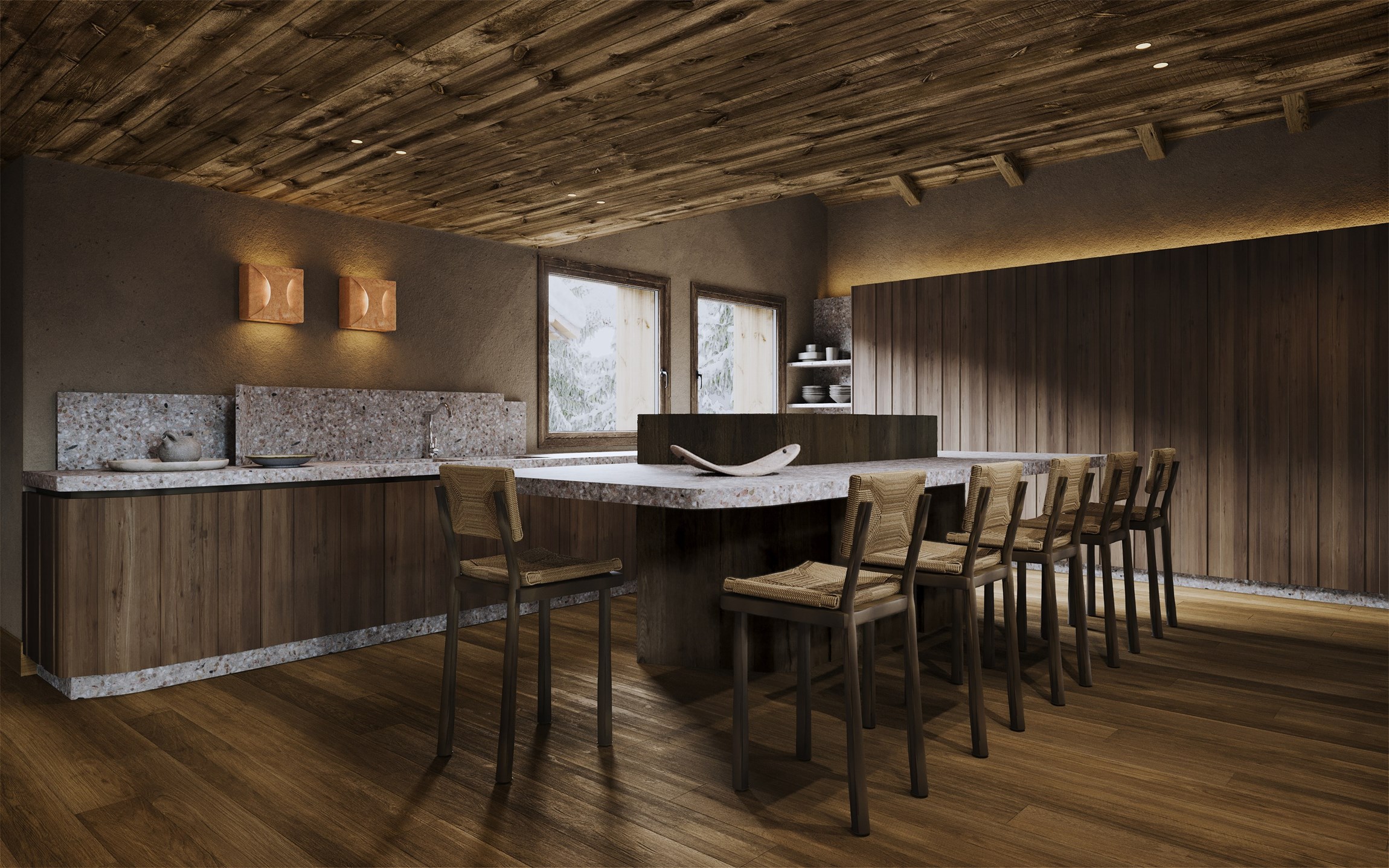 Rendu 3D photoréaliste de la cuisine de la Ferme du Planellet au Mont d’Arbois