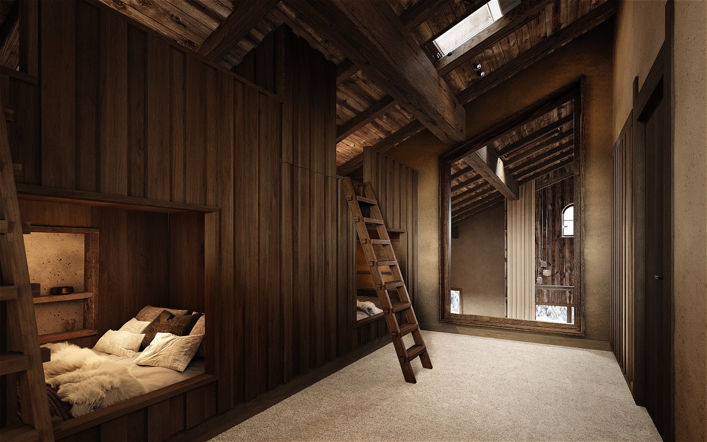 Rendu 3D photoréaliste du dortoir de la Ferme du Planellet au Mont d’Arbois