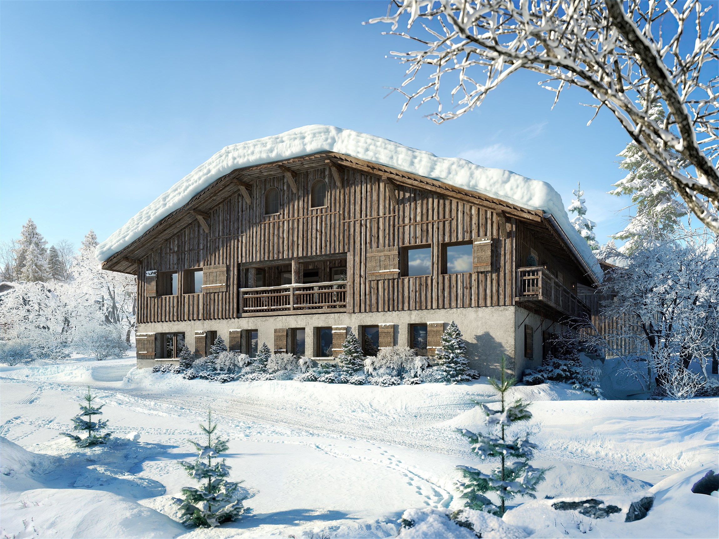 Rendu 3D photoréaliste de l'extérieur principal de la Ferme du Planellet au Mont d’Arbois