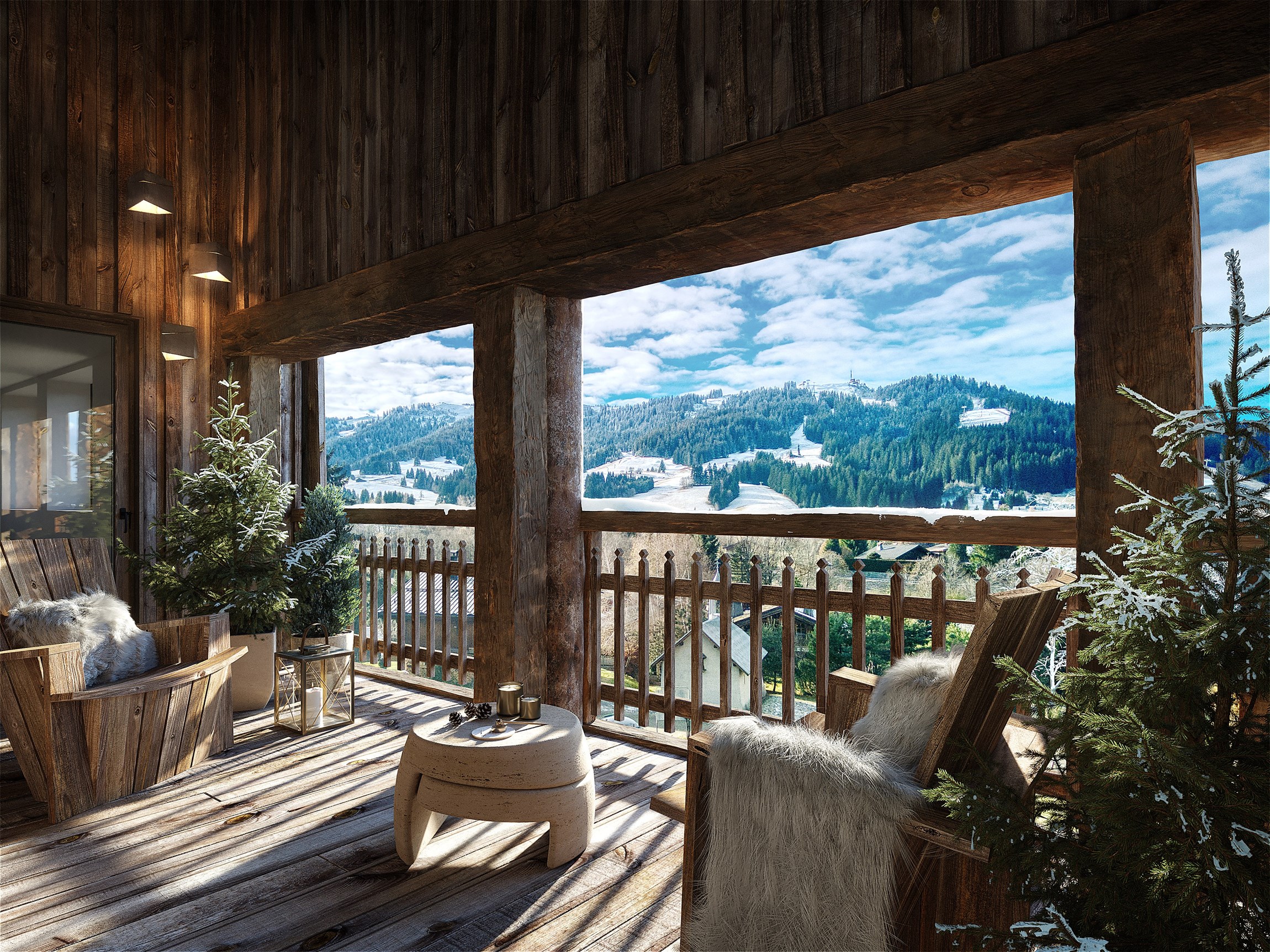 Rendu 3D photoréaliste d'une terrasse de la Ferme du Planellet au Mont d’Arbois