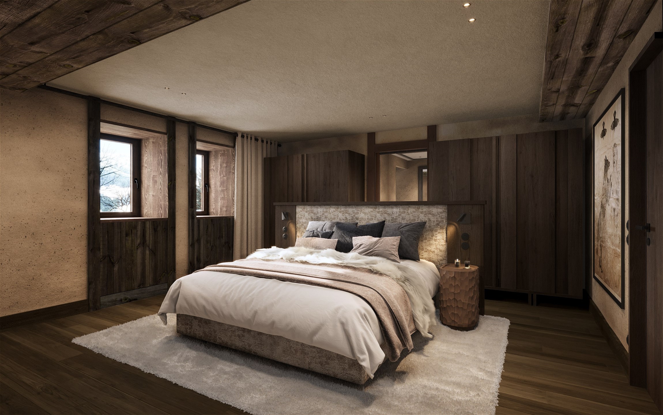 Rendu 3D intérieur d'une chambre master de la Ferme du Planellet au Mont d’Arbois
