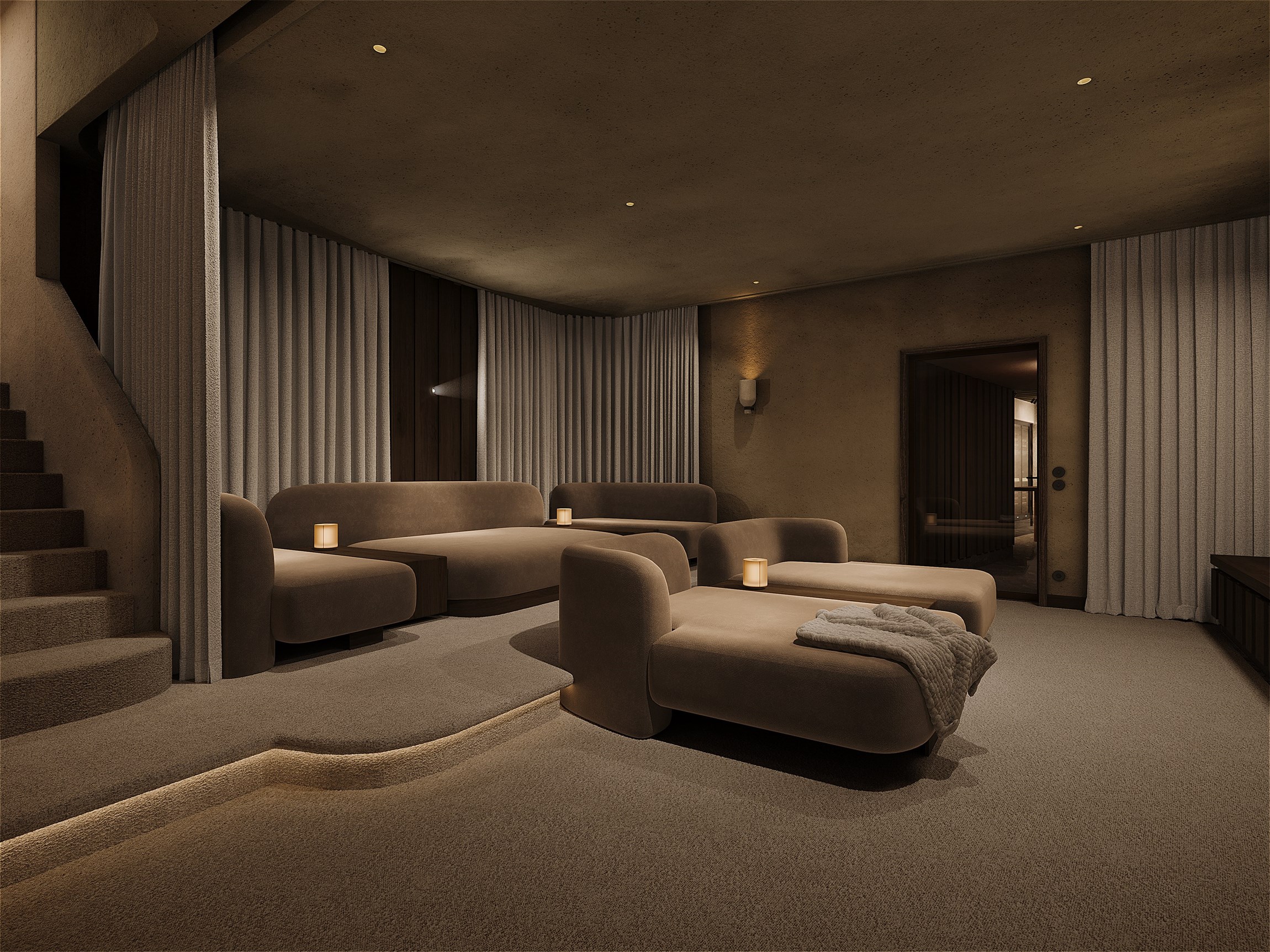 Rendu 3D intérieur de la salle de cinéma de la Ferme du Planellet au Mont d’Arbois
