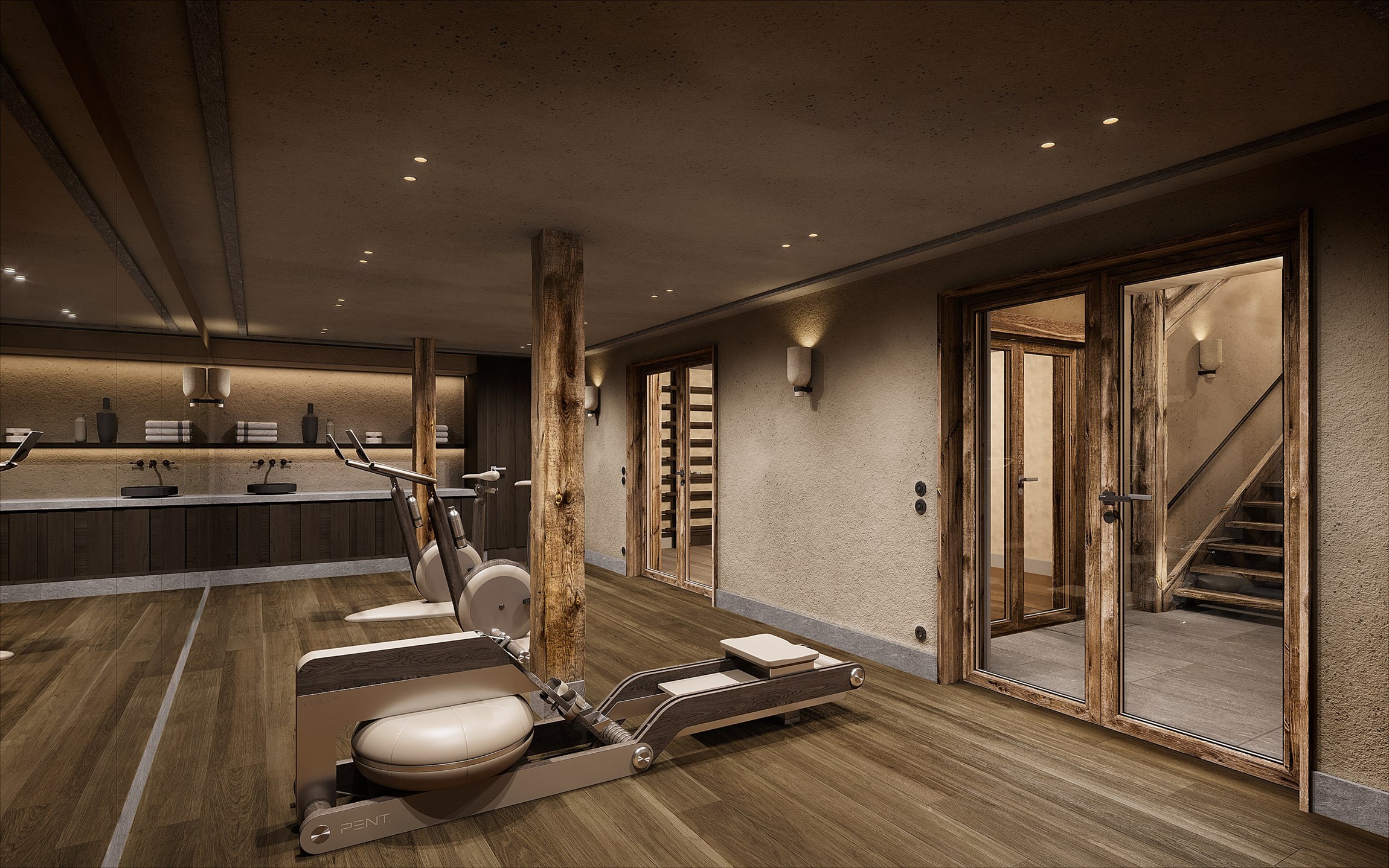 Rendu 3D de l'espace fitness de la Ferme du Planellet au Mont d’Arbois