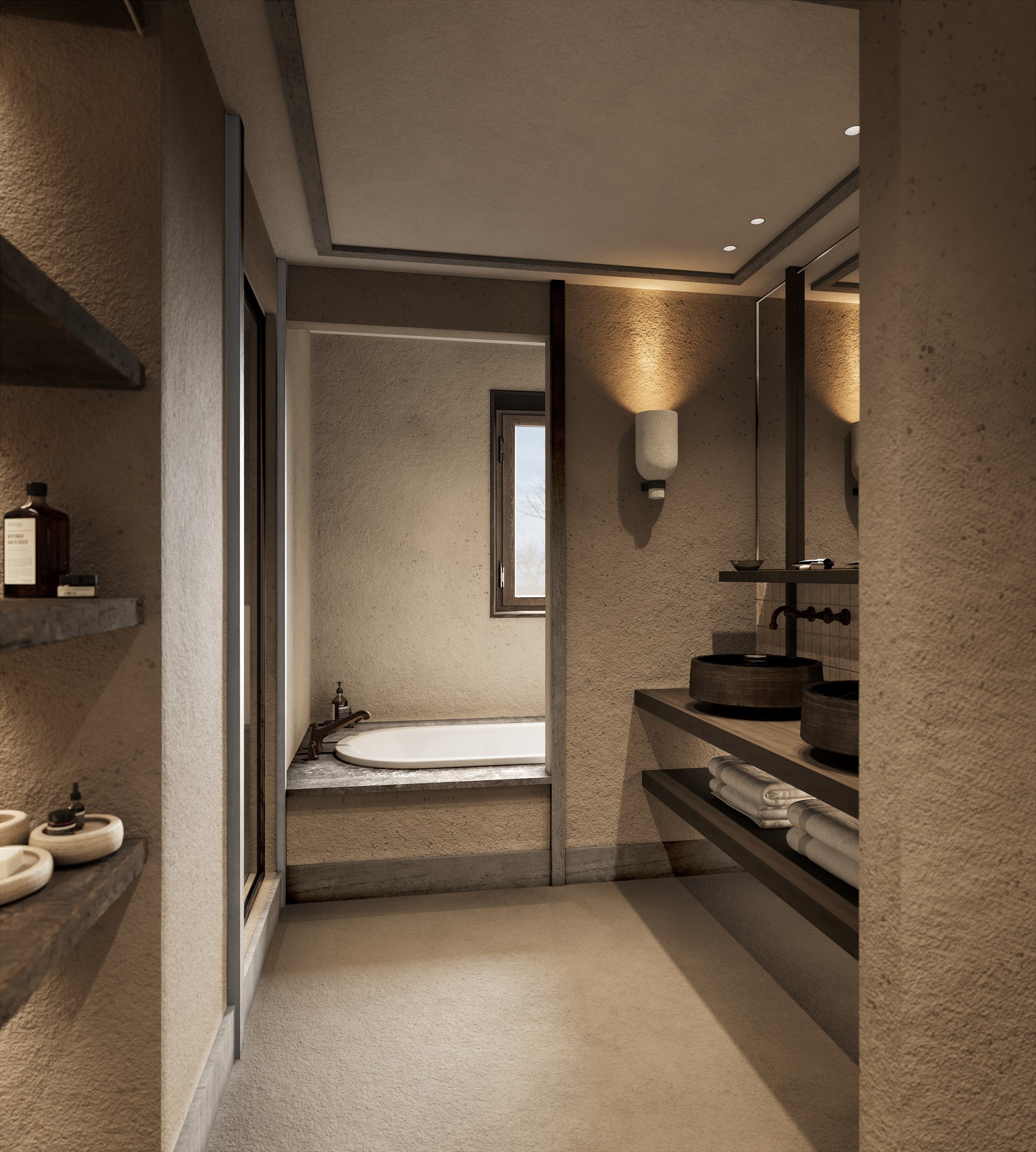 Rendu 3D intérieur d'une salle de bain de la Ferme du Planellet au Mont d’Arbois