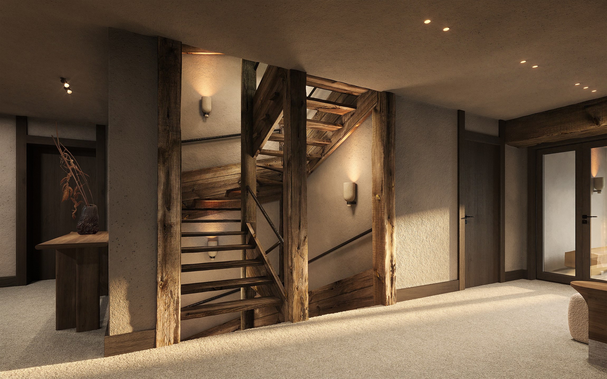 Rendu 3D photoréaliste du vestibule de la Ferme du Planellet au Mont d’Arbois