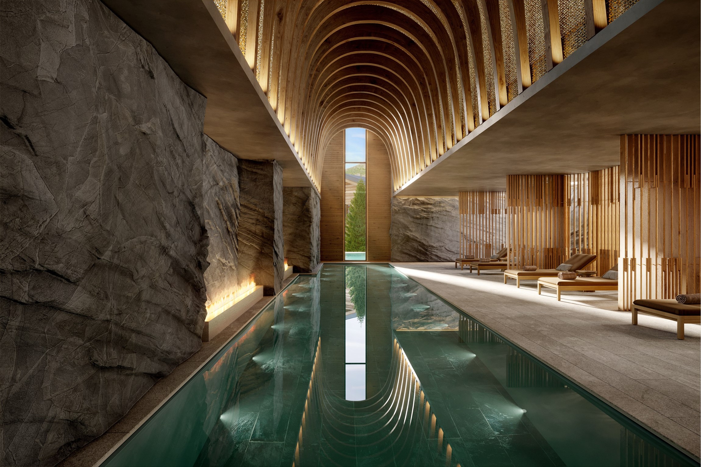 Perspective 3D photoréaliste d'un spa de luxe en Suisse