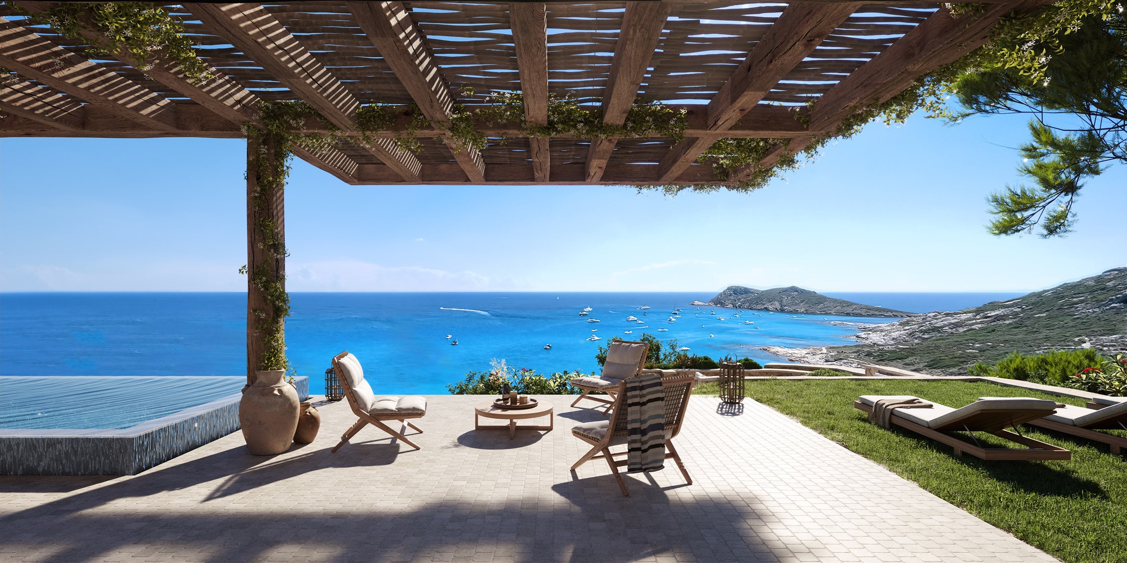 Visualisation 3D d'une terrasse avec piscine à débordement et sa vue mer dans une villa du sud de la France