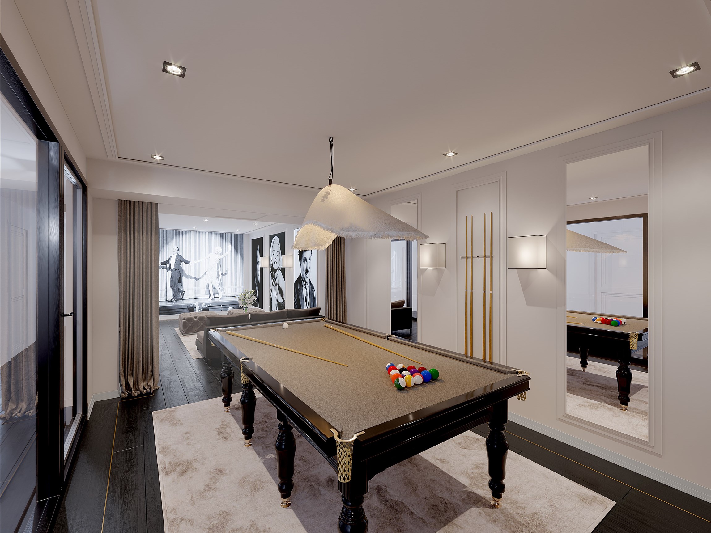 Rendu 3d de la salle de cinéma et de billard d'une villa d'exception sur l'Ile de Ré