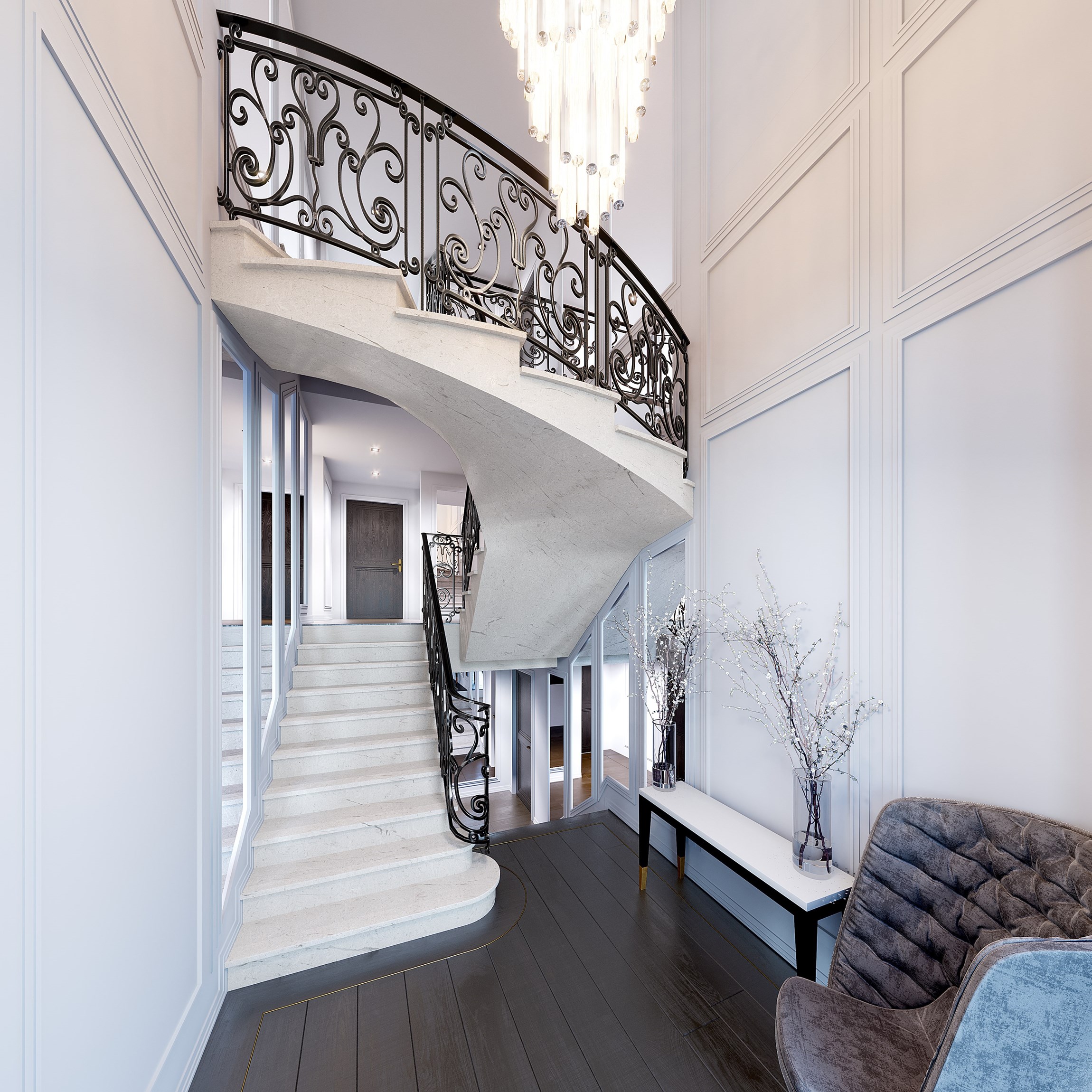 Rendu 3d photoréaliste de l'entrée et de son escalier d'une villa d'exception ​sur l'Ile de Ré