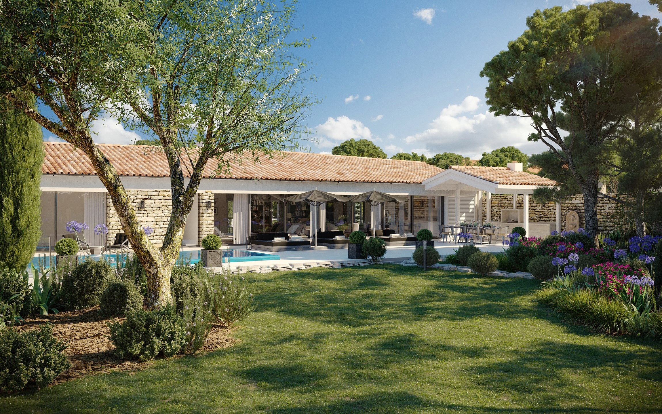 Rendu 3d photoréaliste du jardin d'une ville d'exception à l'Ile-de-Ré