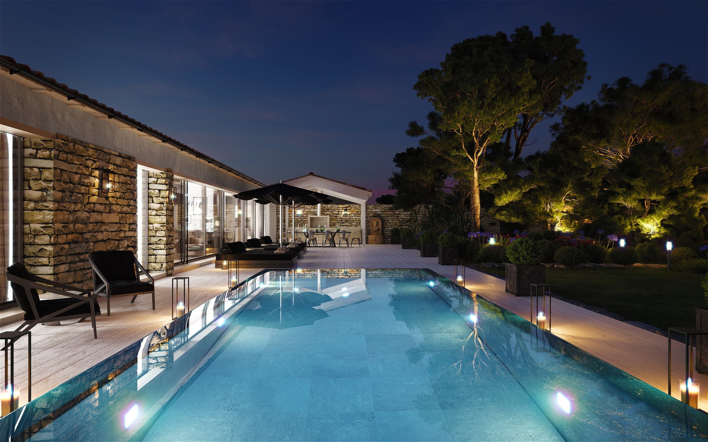 Rendu 3d photorealiste de la terrasse avec piscine, de nuit, d'une villa d'exception sur l'Ile de Ré