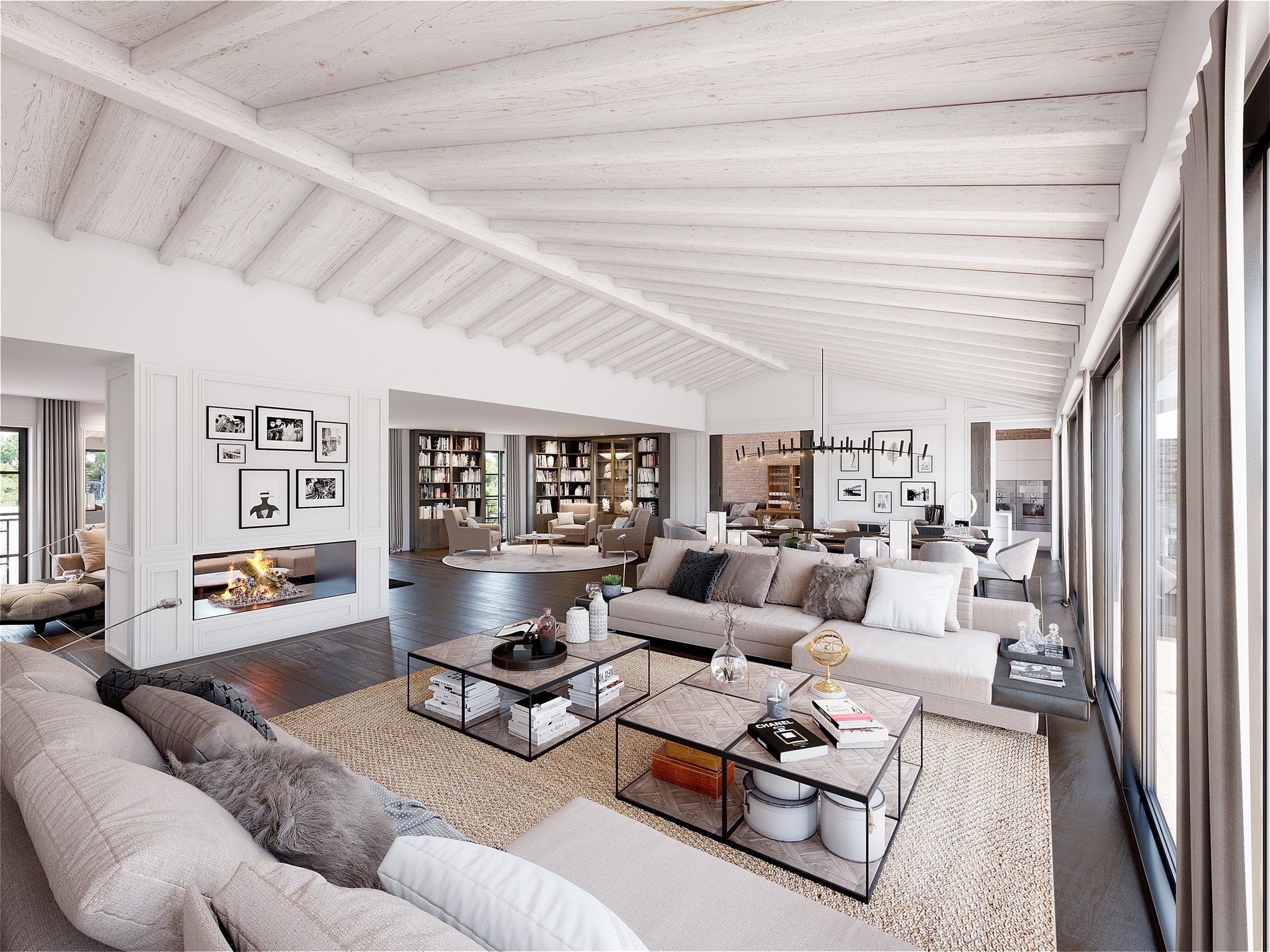 Rendu 3d photorealiste du salon avec cheminée, d'une villa d'exception sur l'Ile de Ré