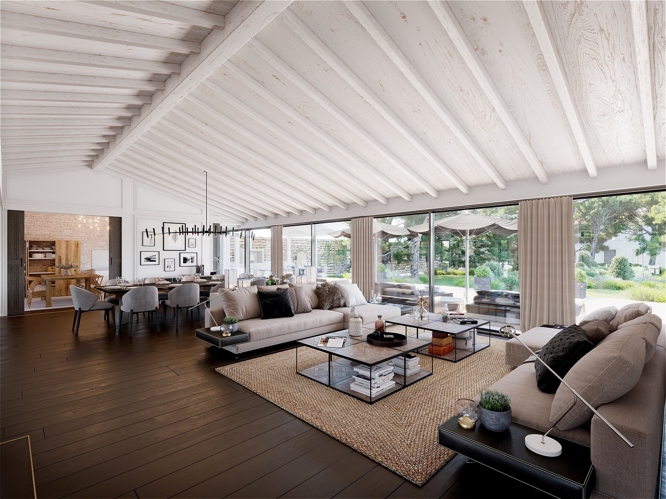 Rendu 3d photorealiste du salon, vue sur jardin, d'une villa d'exception sur l'Ile de Ré