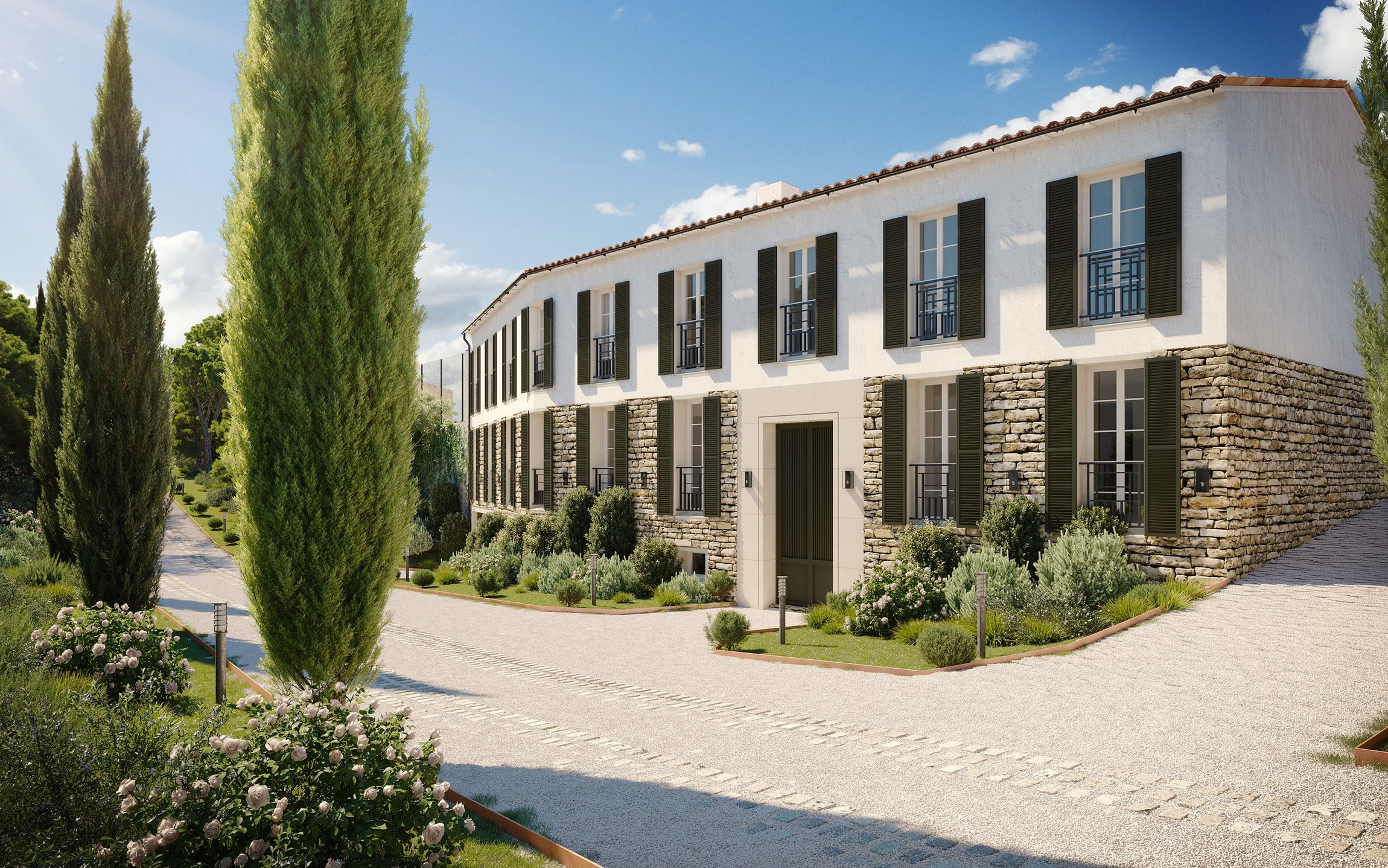 Rendu 3d photorealiste de l'allée d'entrée d'une villa d'exception sur l'Ile de Ré