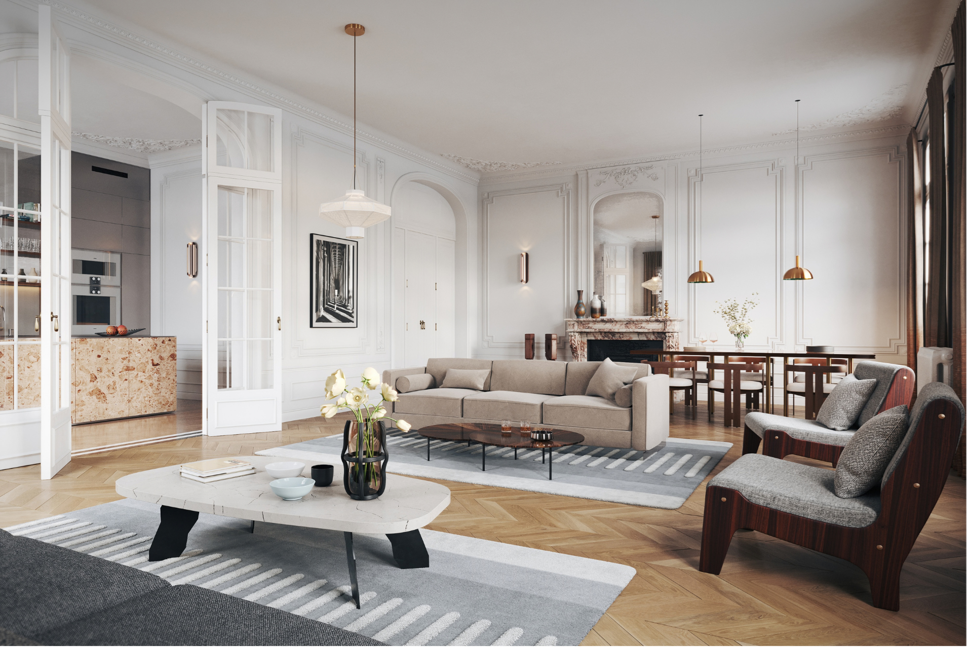 Visualisation 3D de la rénovation d'un salon d'appartement haussmannien luxueux avec moulures à Paris.
