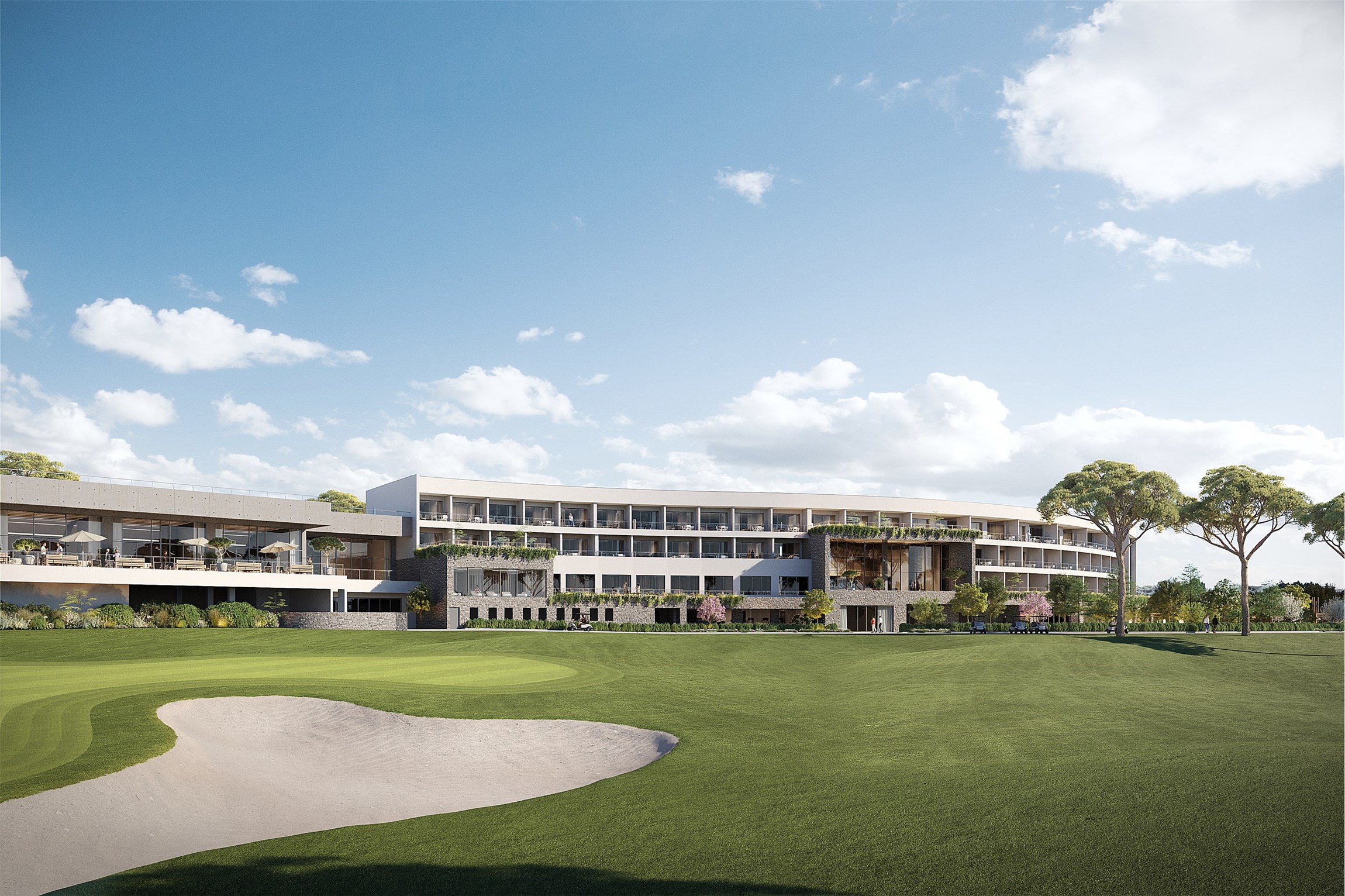 Rendu 3D du green de jour de l'hôtel resort et golf de Massane, près de Montpellier