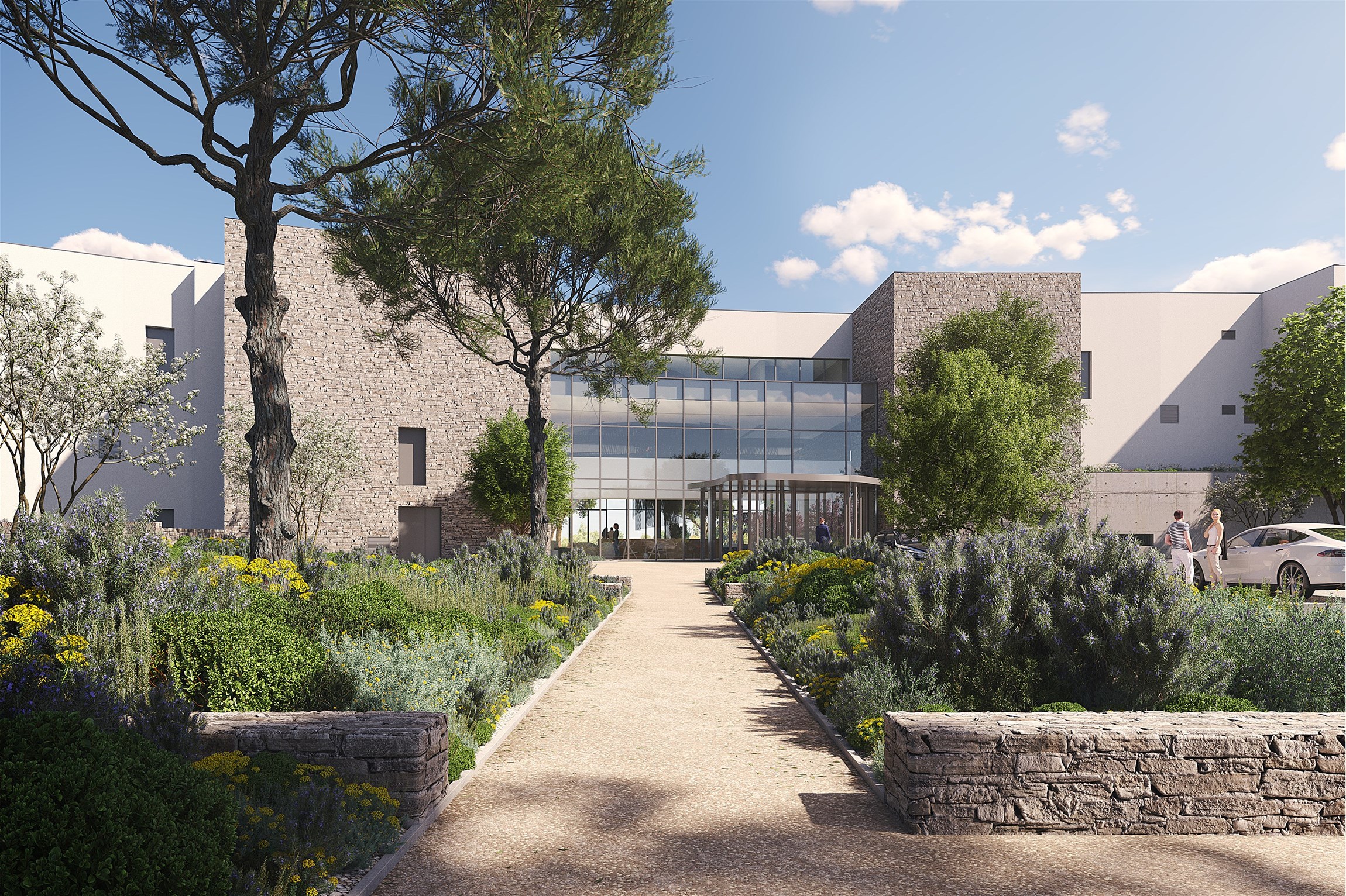 Rendu 3D de l'entrée d'un hôtel resort et golf, à côté de Montpellier