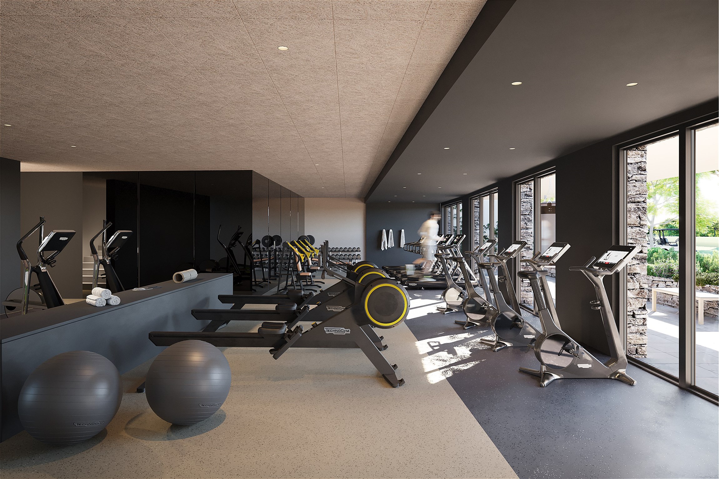 Rendu 3D de la salle de sport de l'hôtel resort et golf de Massane, près de Montpellier