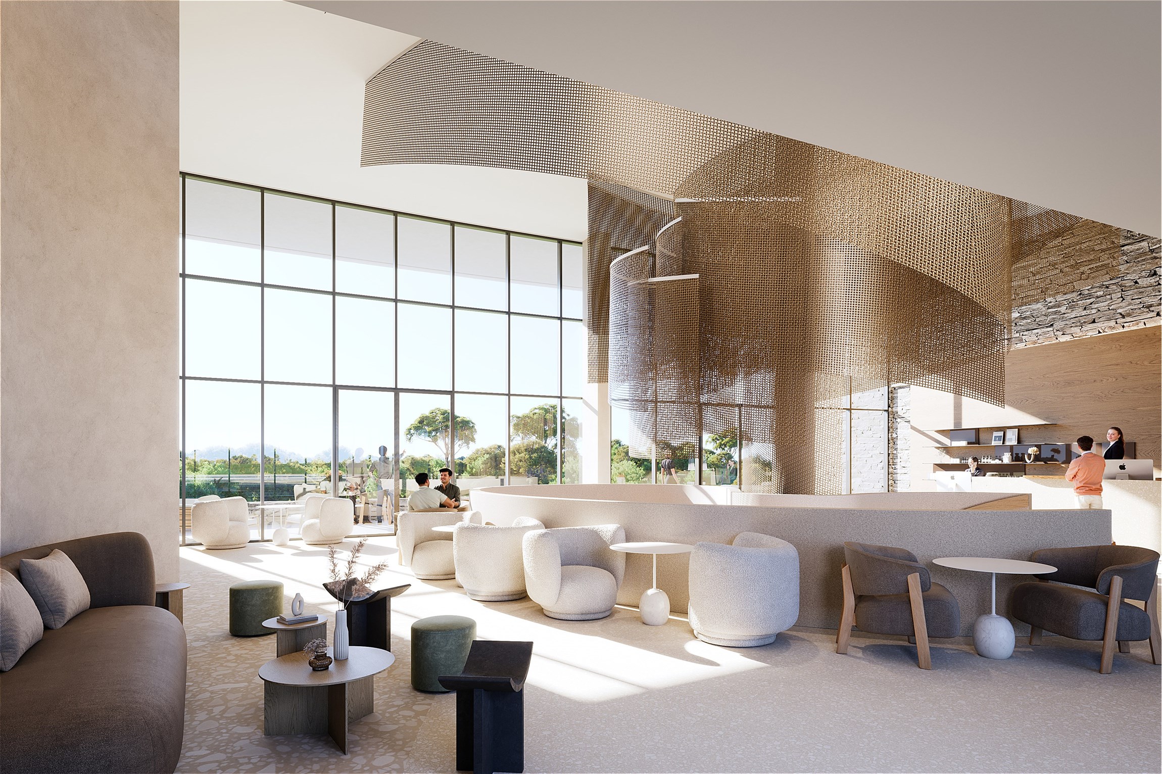 Rendu 3D du lobby de l'hôtel resort et golf de Massane, près de Montpellier