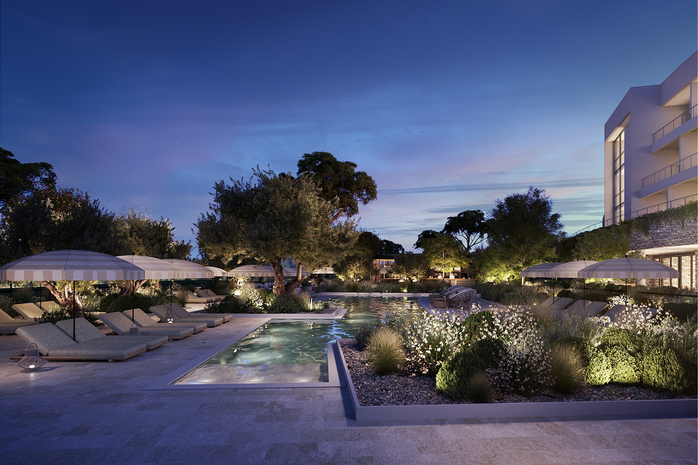 Rendu 3D de la piscine, en soirée, de l'hôtel resort et golf de Massane, près de Montpellier
