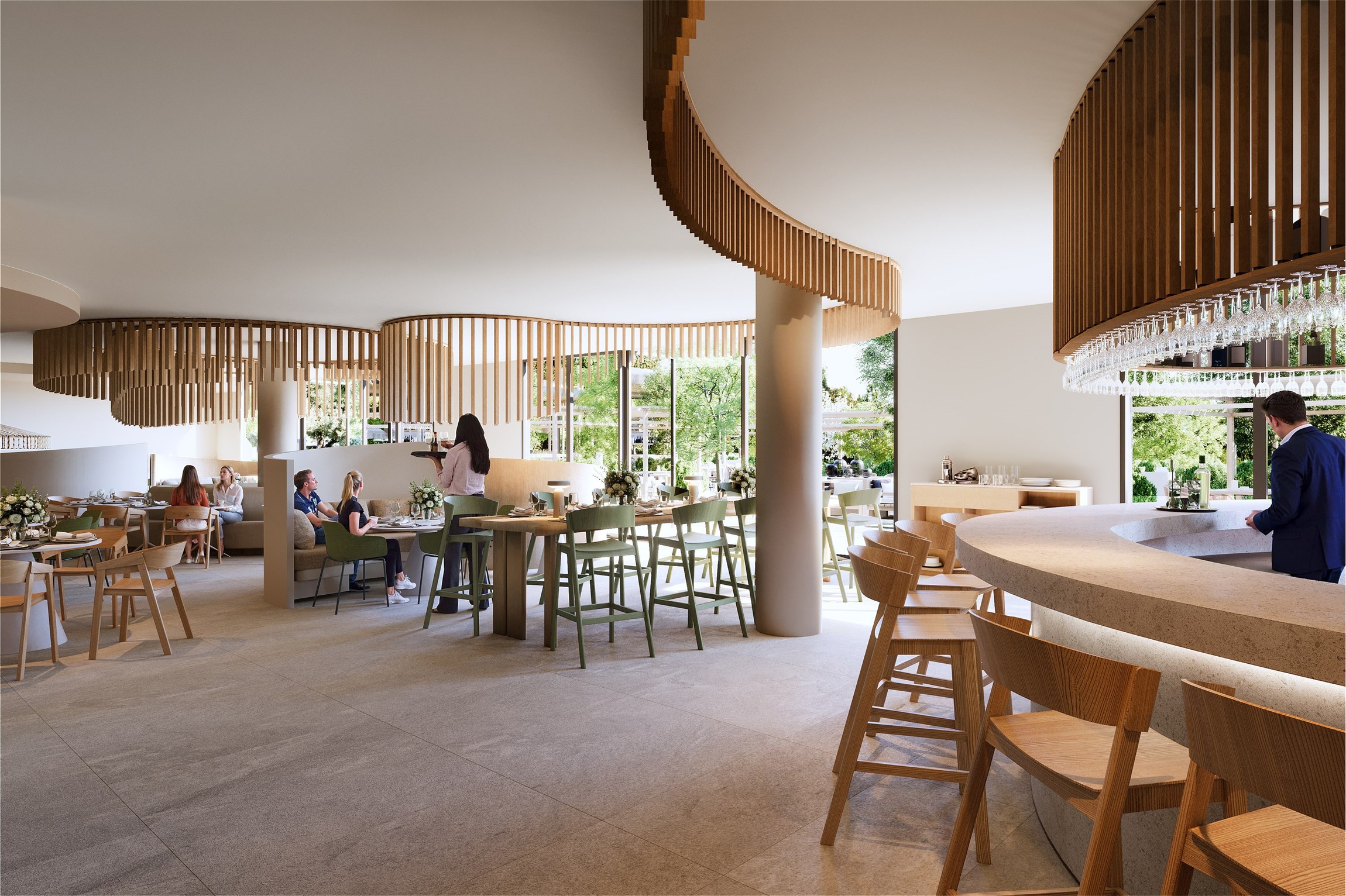 Rendu 3D de la salle restaurant de l'hôtel resort et golf de Massane, près de Montpellier