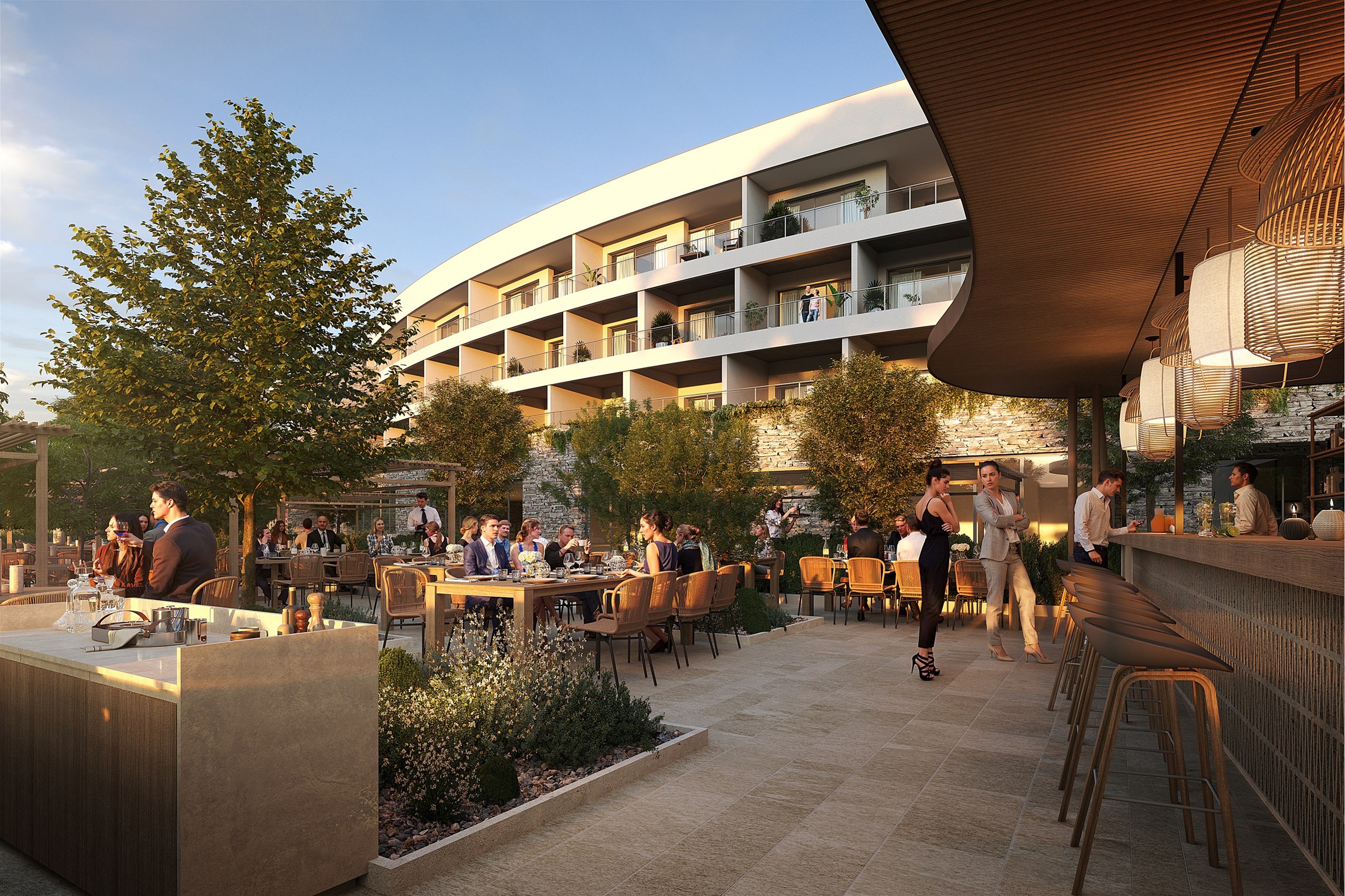 Rendu 3D de la terrasse du restaurant de l'hôtel resort et golf de Massane, près de Montpellier