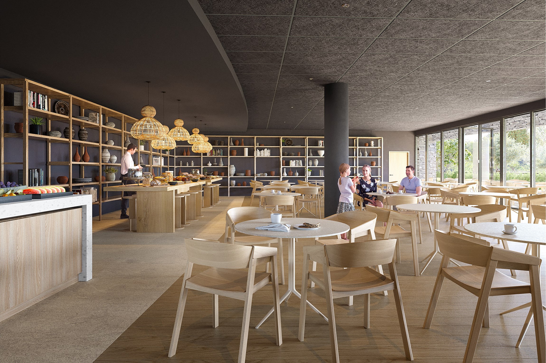 Rendu 3D de la salle de petit déjeuner de l'hôtel resort et golf de Massane, près de Montpellier